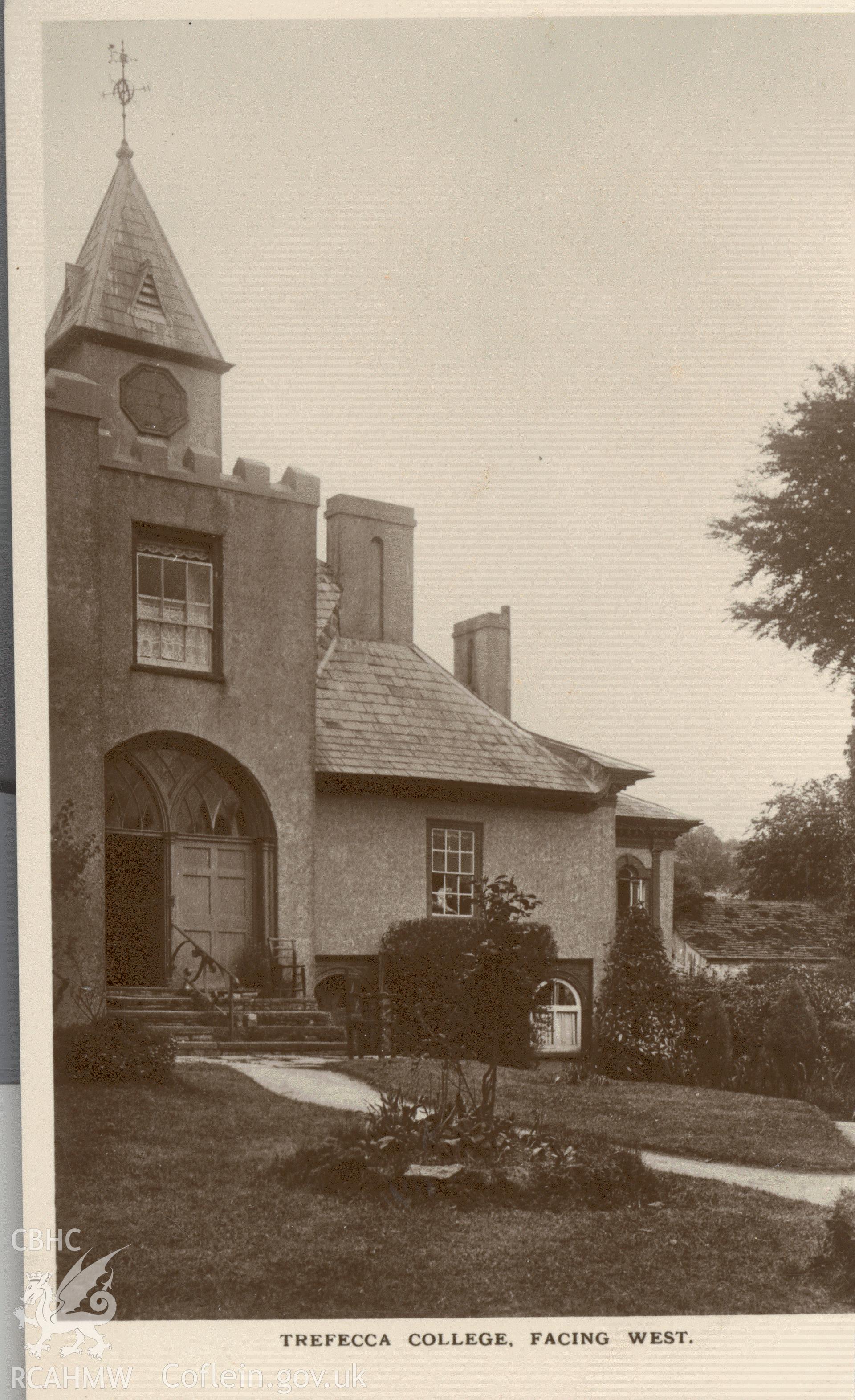 Digitised postcard image of Trefecca College, Talgarth. Produced by Parks and Gardens Data Services, from an original item in the Peter Davis Collection at Parks and Gardens UK. We hold only web-resolution images of this collection, suitable for viewing on screen and for research purposes only. We do not hold the original images, or publication quality scans.