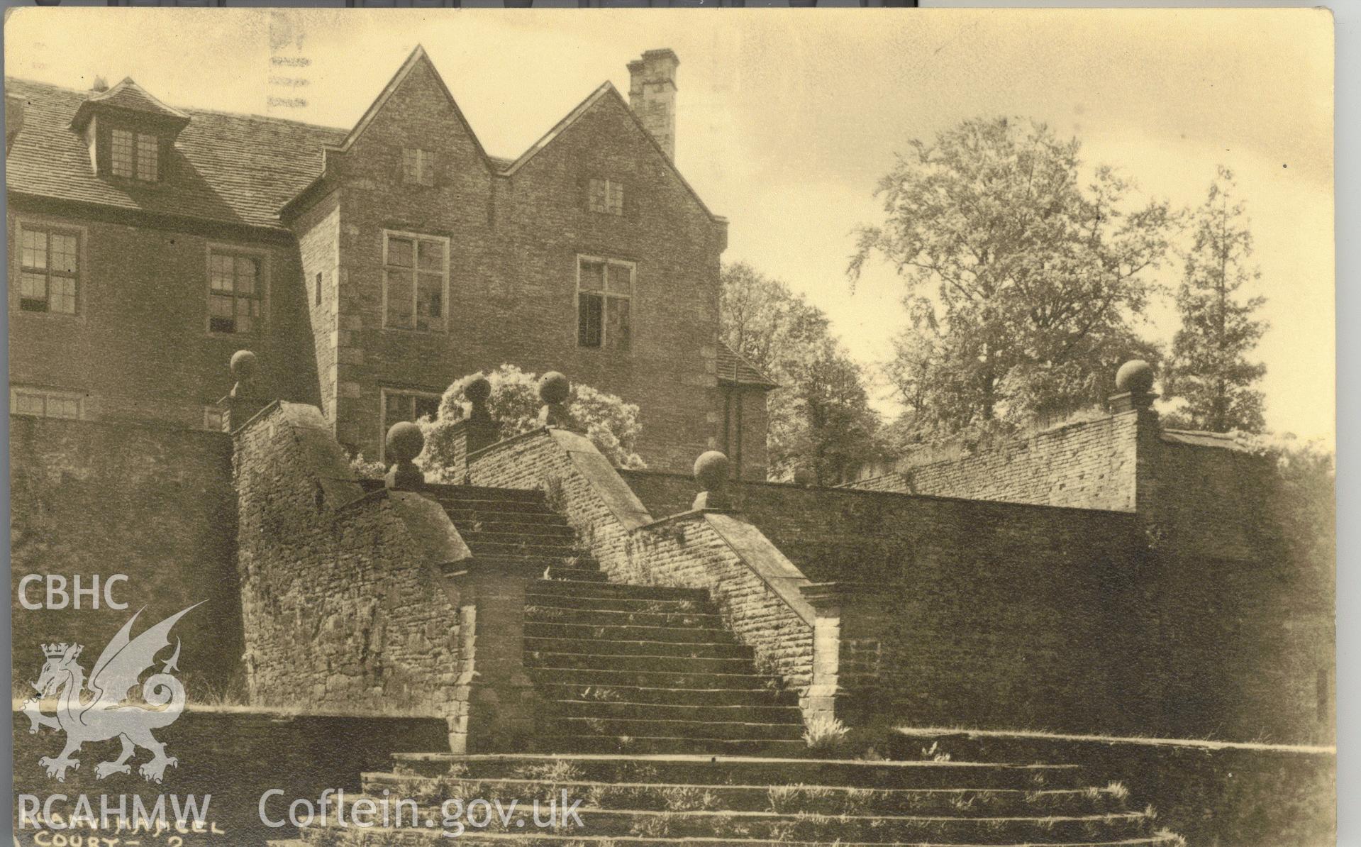 Digitised postcard image of Llanfihangel Court, Crucorney. Produced by Parks and Gardens Data Services, from an original item in the Peter Davis Collection at Parks and Gardens UK. We hold only web-resolution images of this collection, suitable for viewing on screen and for research purposes only. We do not hold the original images, or publication quality scans.