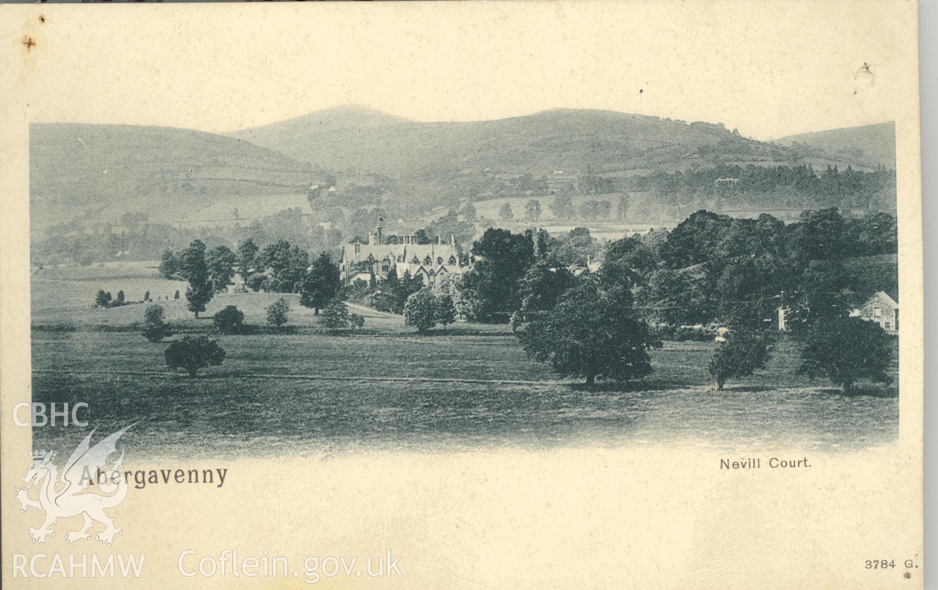 Digitised postcard image of Nevill Hall, Abergavenny. Produced by Parks and Gardens Data Services, from an original item in the Peter Davis Collection at Parks and Gardens UK. We hold only web-resolution images of this collection, suitable for viewing on screen and for research purposes only. We do not hold the original images, or publication quality scans.