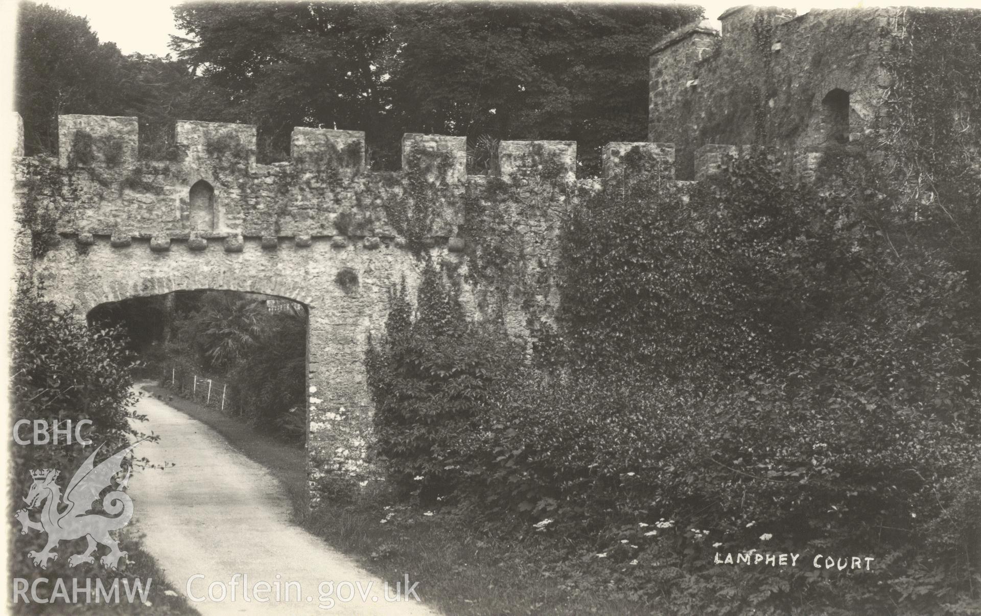 Digitised postcard image of entrance to Lamphey Court, S.J. Allen, Photographer, Pembroke Dock. Produced by Parks and Gardens Data Services, from an original item in the Peter Davis Collection at Parks and Gardens UK. We hold only web-resolution images of this collection, suitable for viewing on screen and for research purposes only. We do not hold the original images, or publication quality scans.