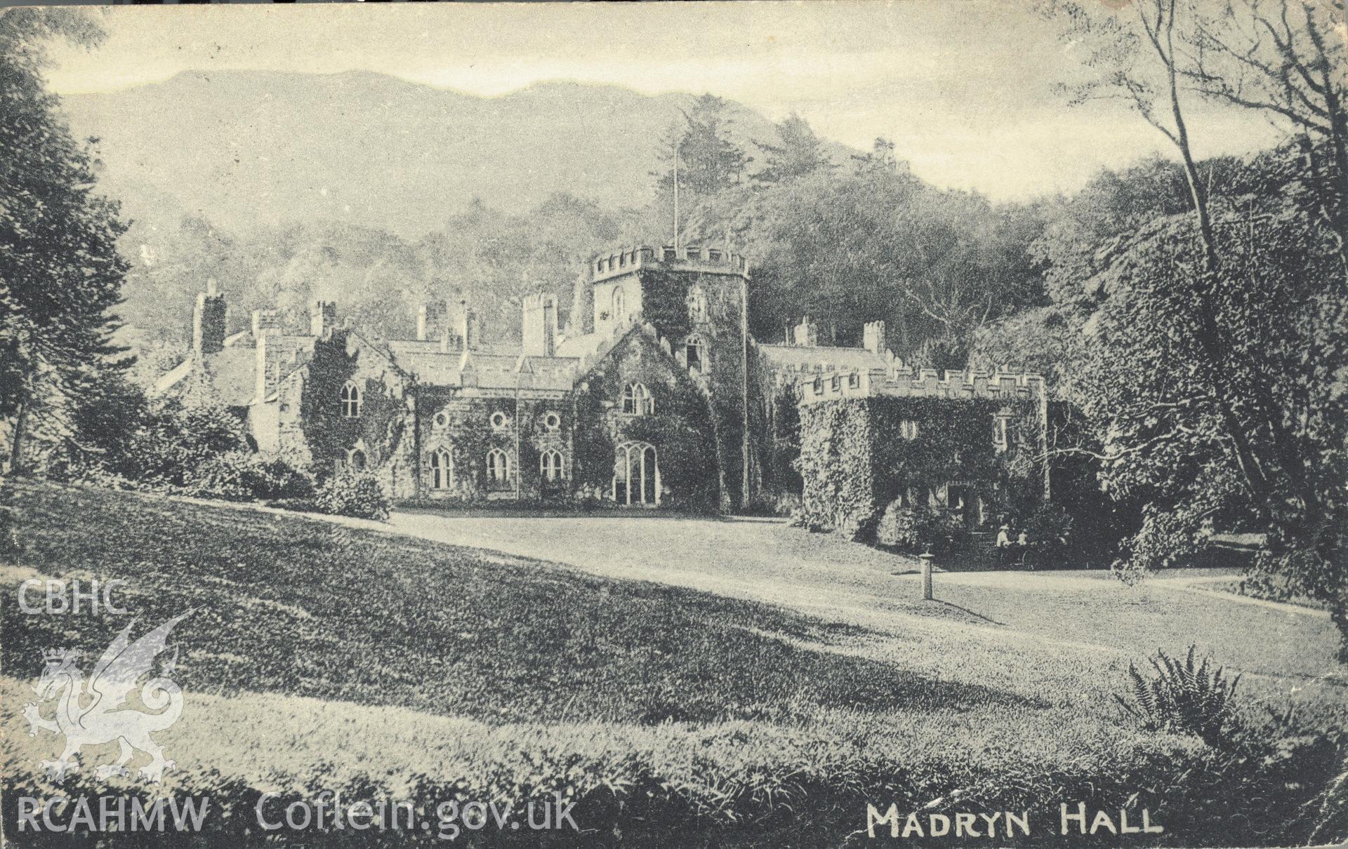 Digitised postcard image of Madryn Castle, Buan. Produced by Parks and Gardens Data Services, from an original item in the Peter Davis Collection at Parks and Gardens UK. We hold only web-resolution images of this collection, suitable for viewing on screen and for research purposes only. We do not hold the original images, or publication quality scans.