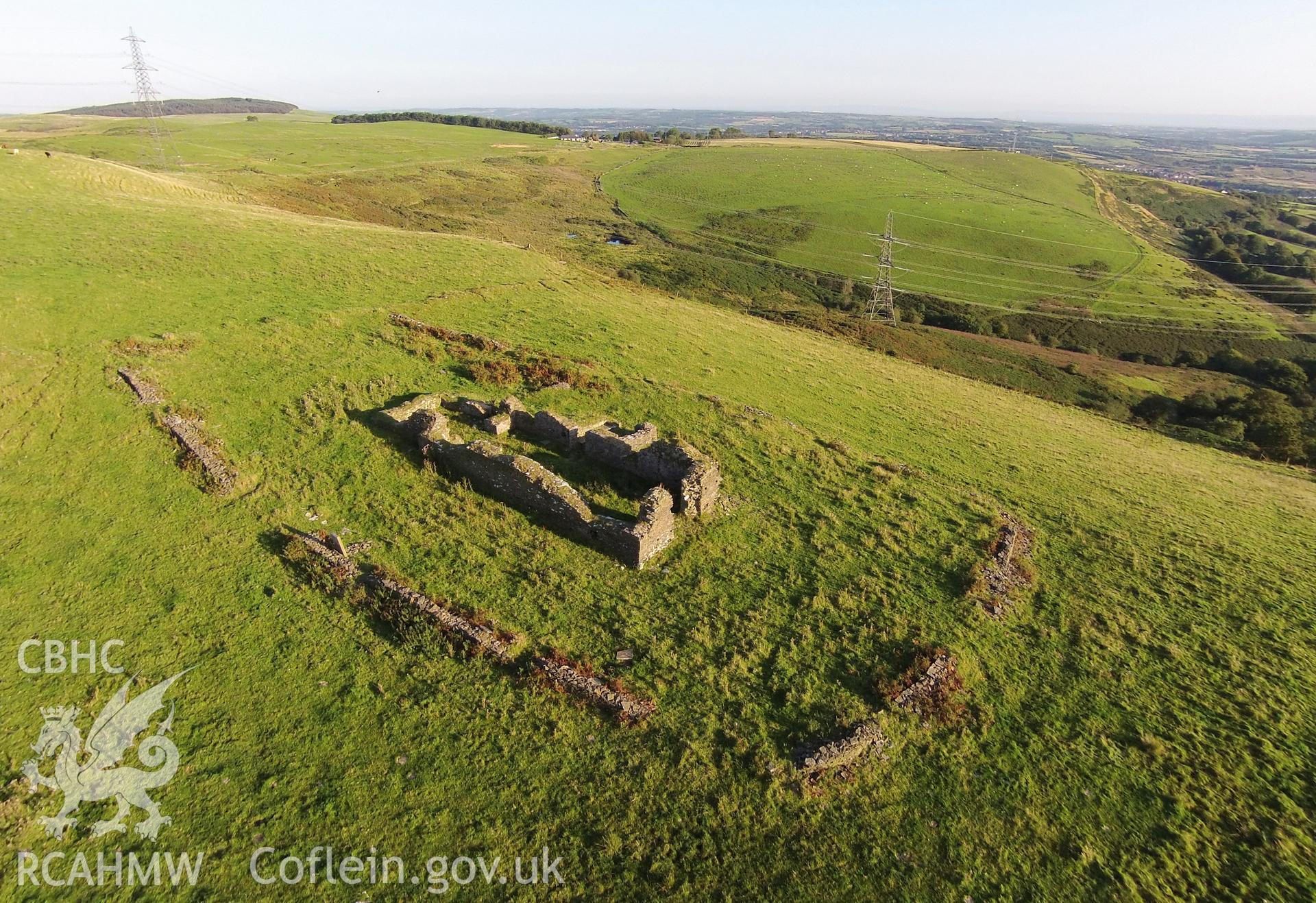 Colour aerial photo showing Llanbad, taken by Paul R. Davis, 6th September 2016.