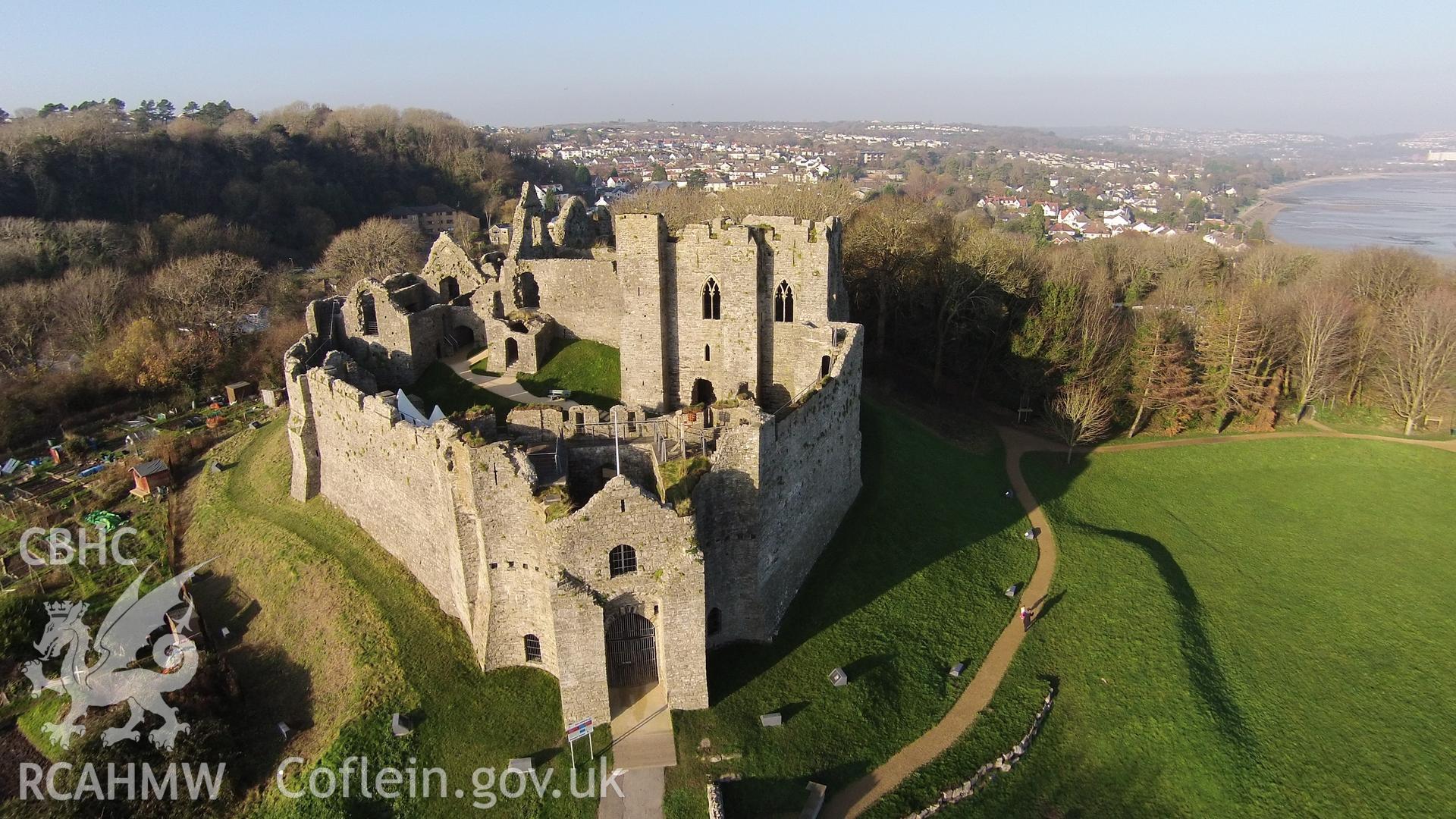 Colour photo showing Oystermouth Castle, produced by Paul R. Davis,  29th November 2014.