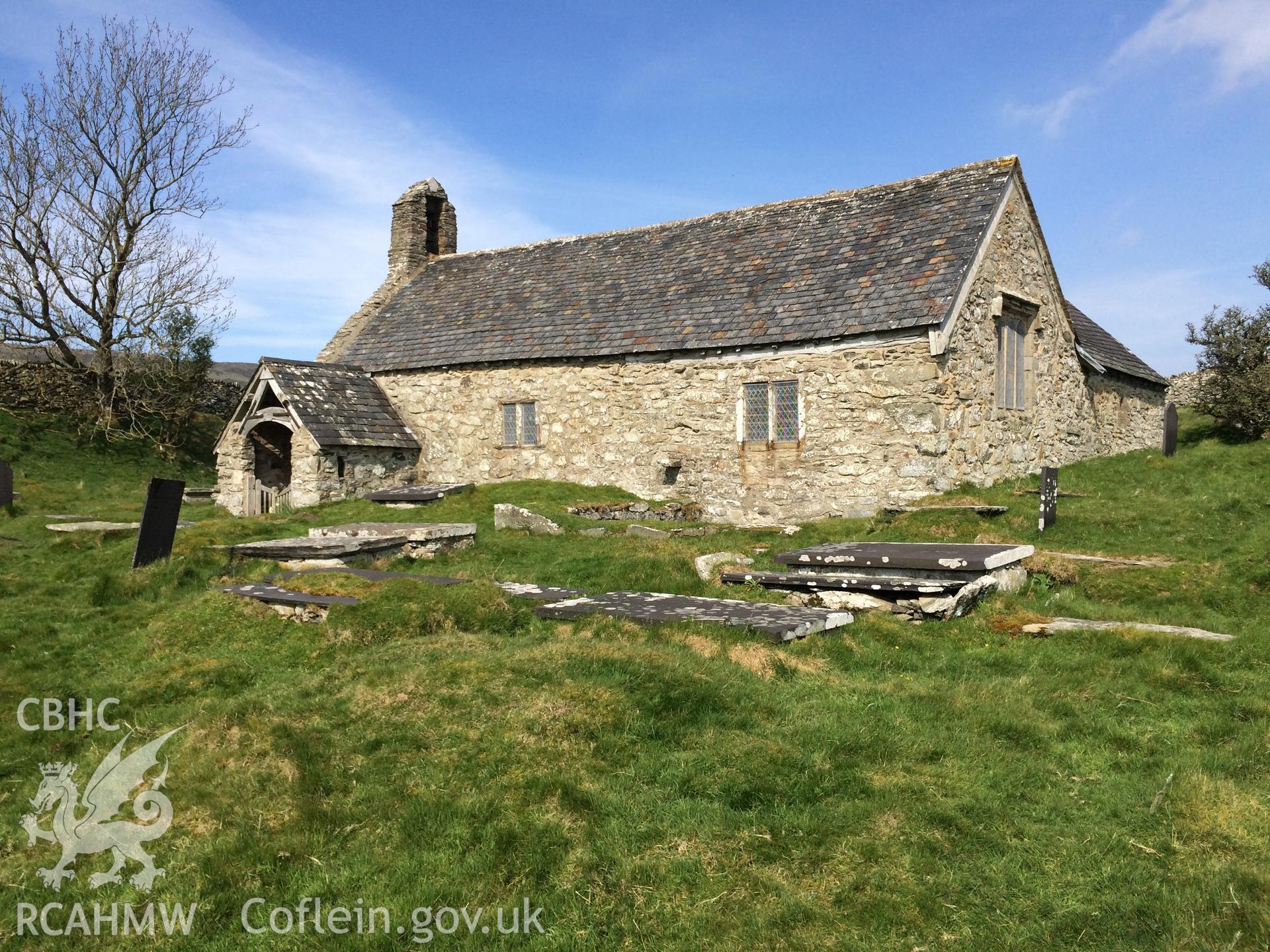 Colour photo showing Llangelynin Church,  produced by Paul R. Davis, 9th April 2017.