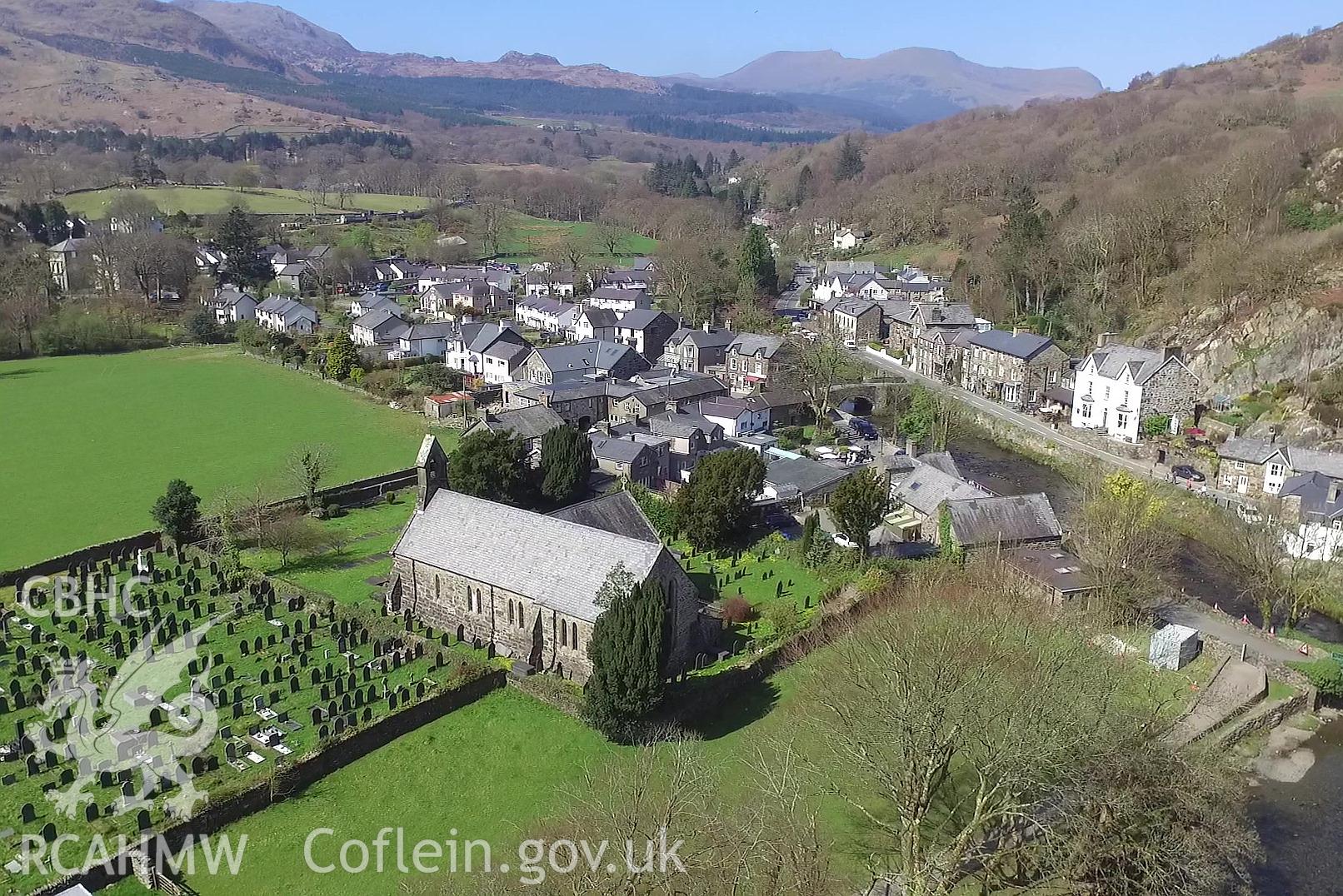 Colour photo showing Beddgelert Church, produced by Paul R. Davis,   April 2017.