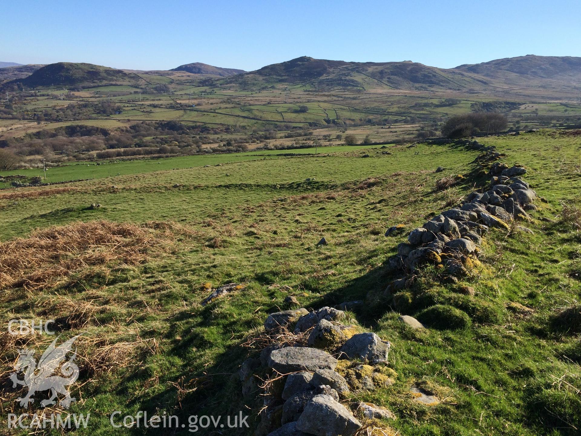 Colour photo showing field system near Maen y Bardd stone,  produced by Paul R. Davis,  8th April 2017.