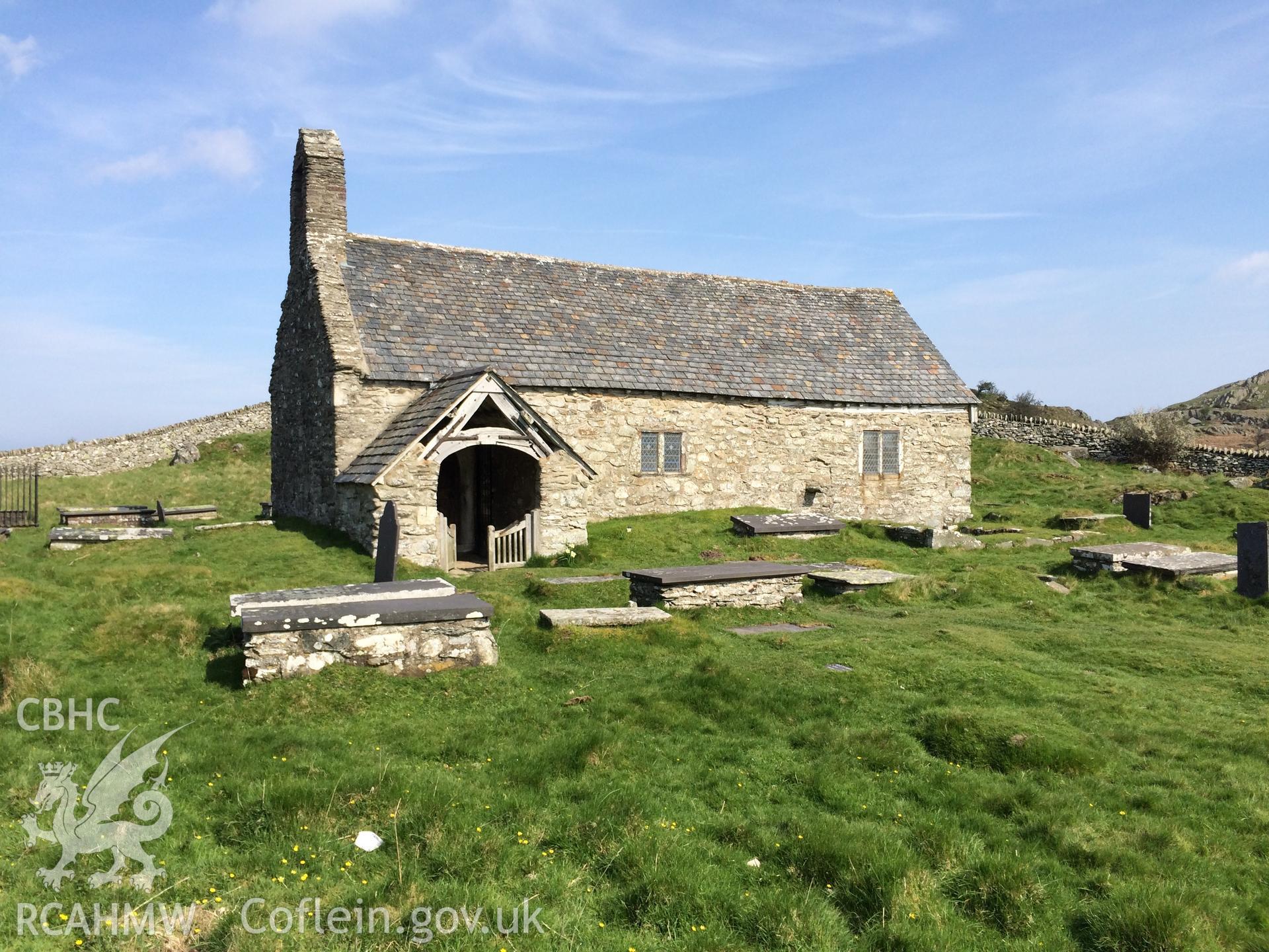 Colour photo showing Llangelynin Church,  produced by Paul R. Davis, 9th April 2017.