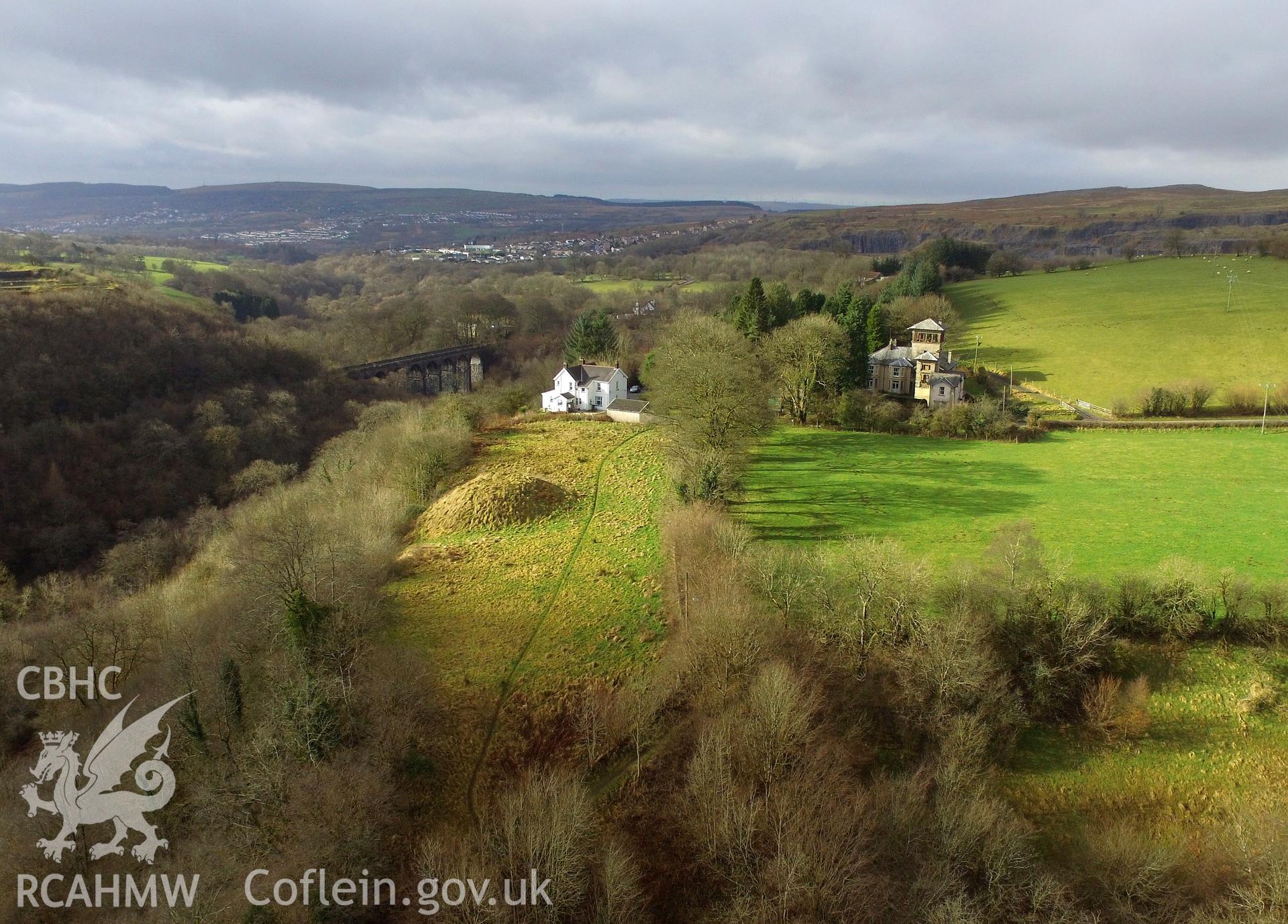 Colour photo showing Cae Burdydd Motte, produced by  Paul R. Davis,  4th March 2017.