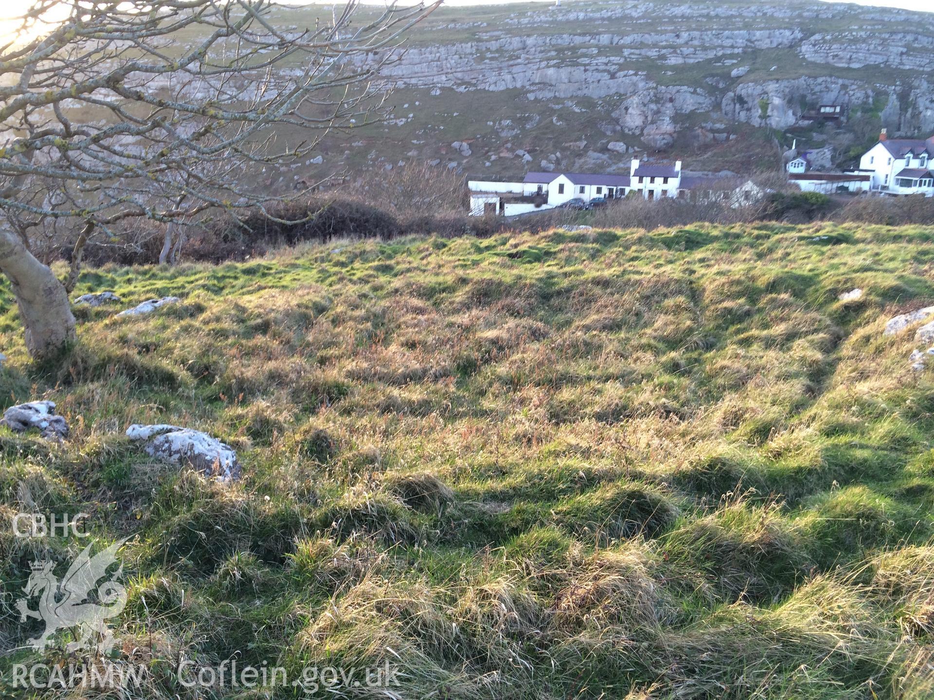 Colour photo showing hut circles on Pen y Dinas Hillfort, produced by Paul R. Davis,  14th March 2017.