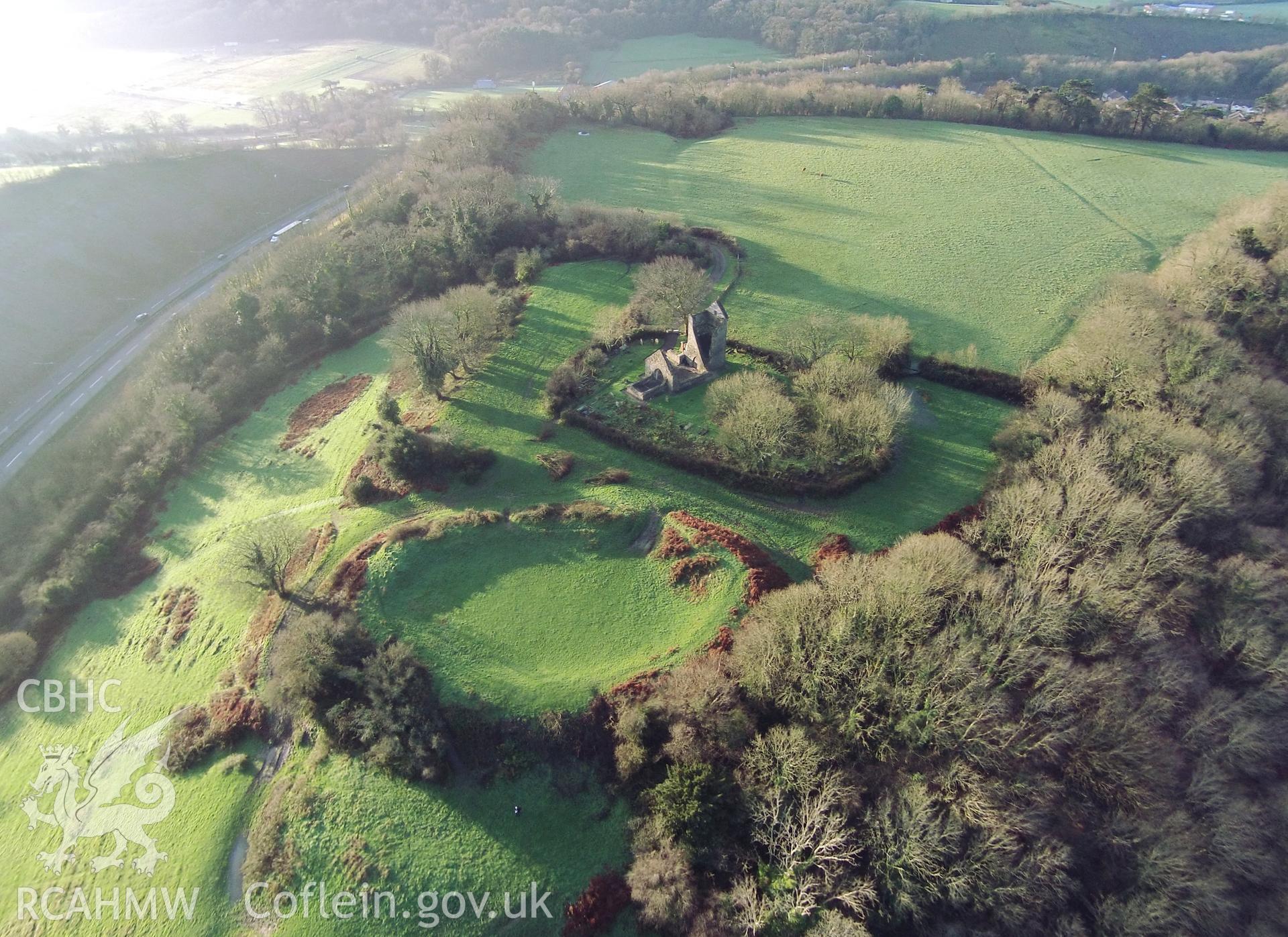 Colour aerial photo showing Caerau Castle Ringwork, taken by Paul R. Davis, 6th January 2016.