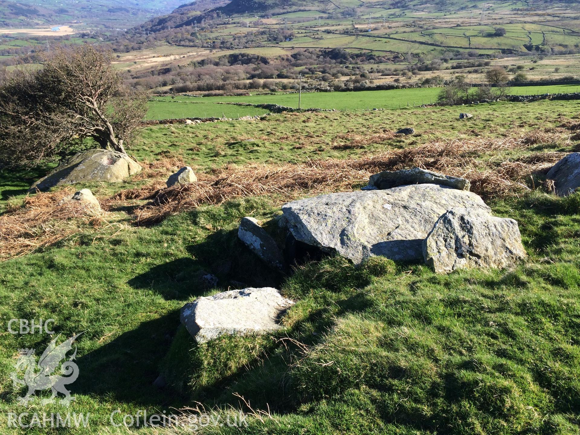 Colour photo showing burial chamber near Maen y Bardd,  produced by Paul R. Davis,  8th April 2017.