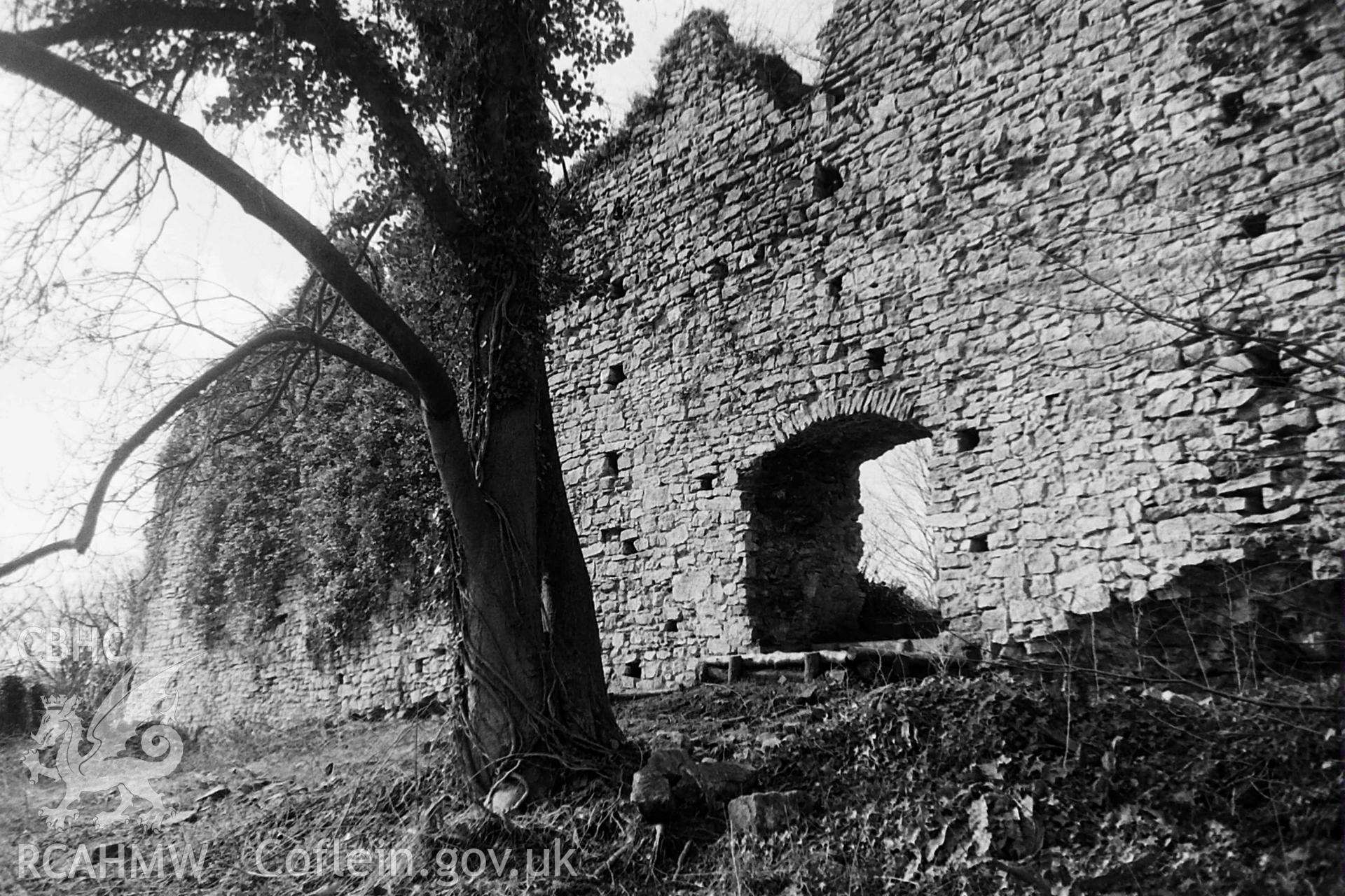 Black and white photo showing Dinas Powys Castle, taken by Paul R. Davis, 1986.