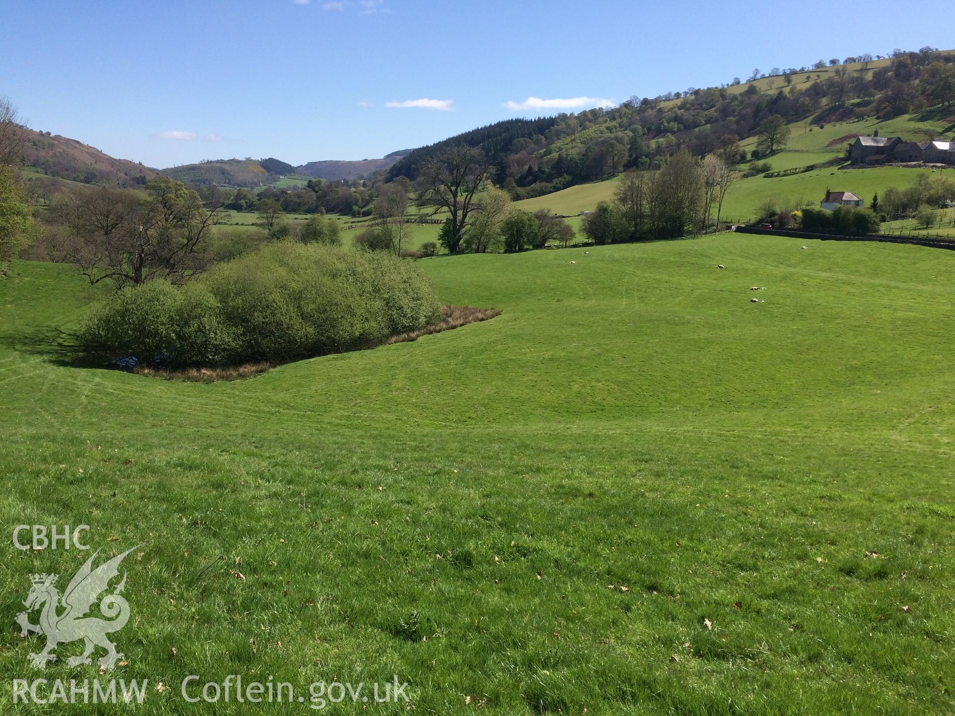 Colour photo showing Owain Glyndwr's Moat, produced by Paul R. Davis,  22nd April 2017.