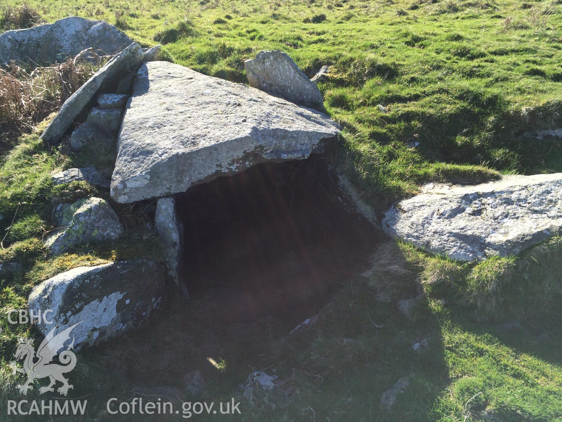 Colour photo showing burial chamber near Maen y Bardd,  produced by Paul R. Davis,  8th April 2017.