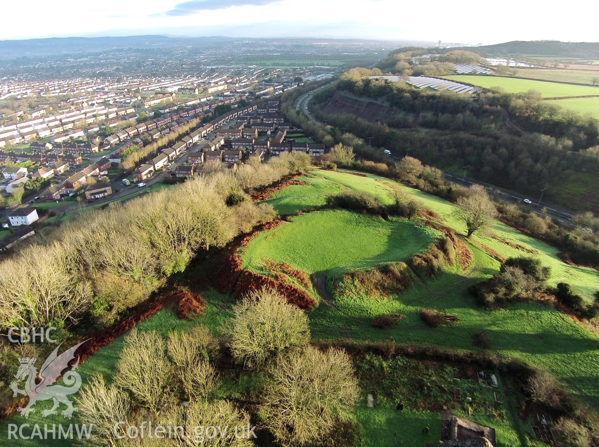 Colour aerial photo showing Caerau Castle Ringwork, taken by Paul R. Davis, 6th January 2016.