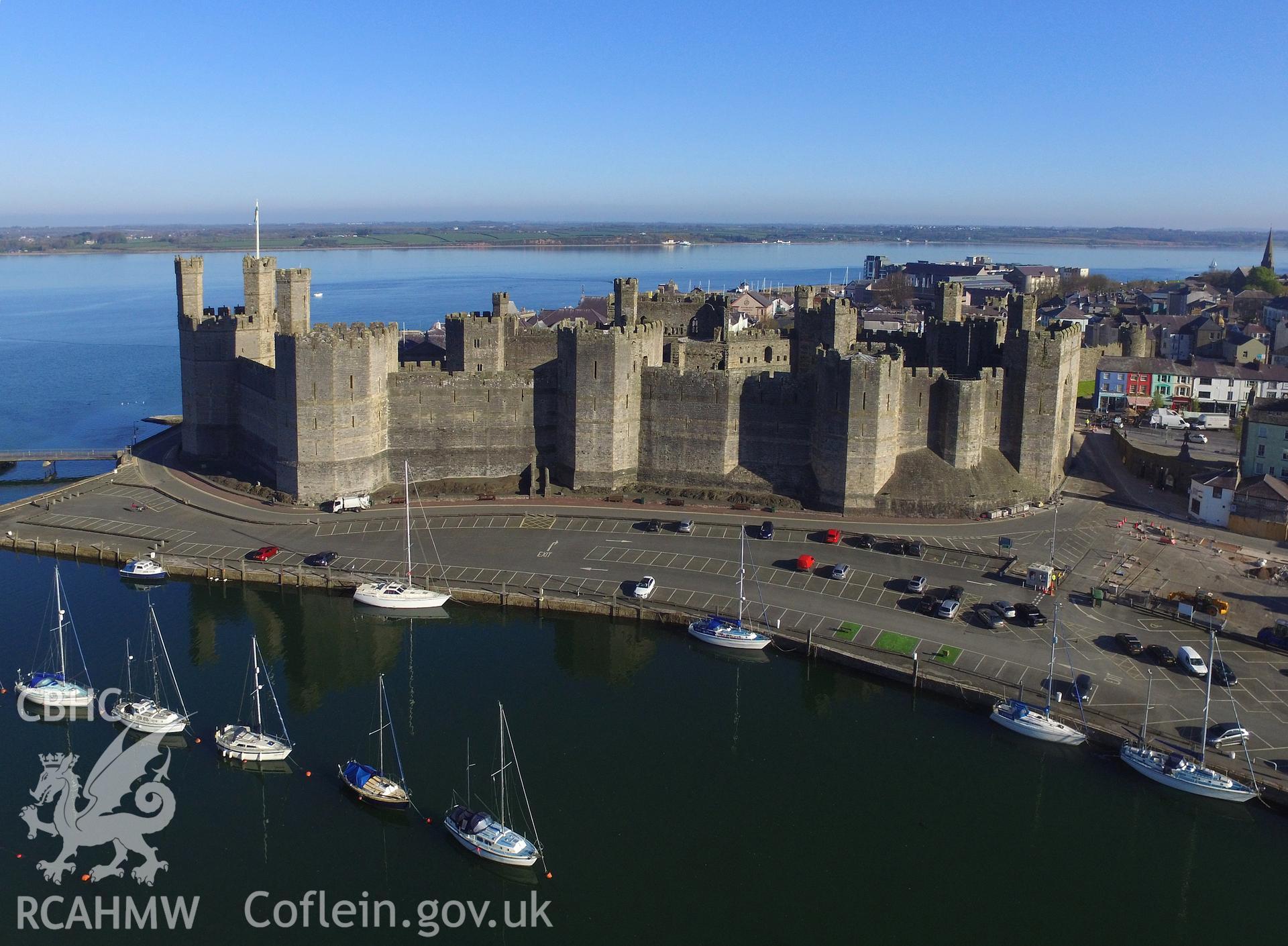 Colour photo showing Caernarfon Castle, produced by  Paul R. Davis,  8th April 2017.