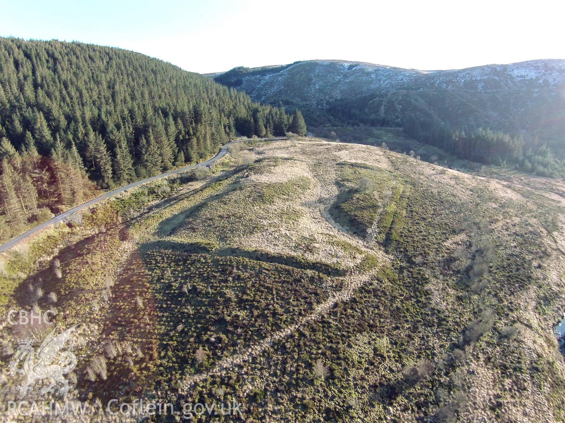 Colour aerial photo showing Cae Gaer Roman Fort, taken by Paul R. Davis, 15th February 2016.