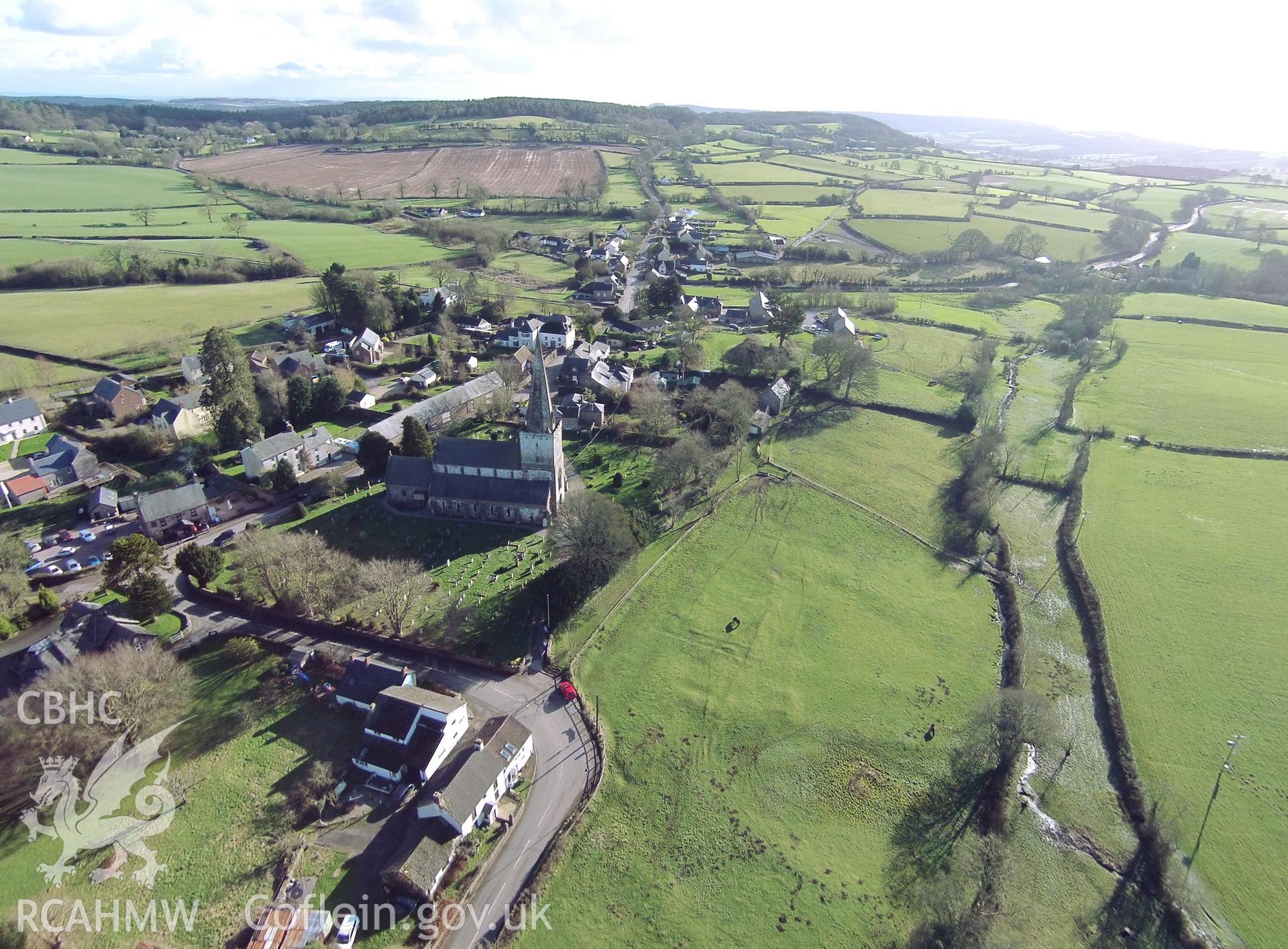 Colour aerial photo showing Trellech, taken by Paul R. Davis,  10th February 2016.