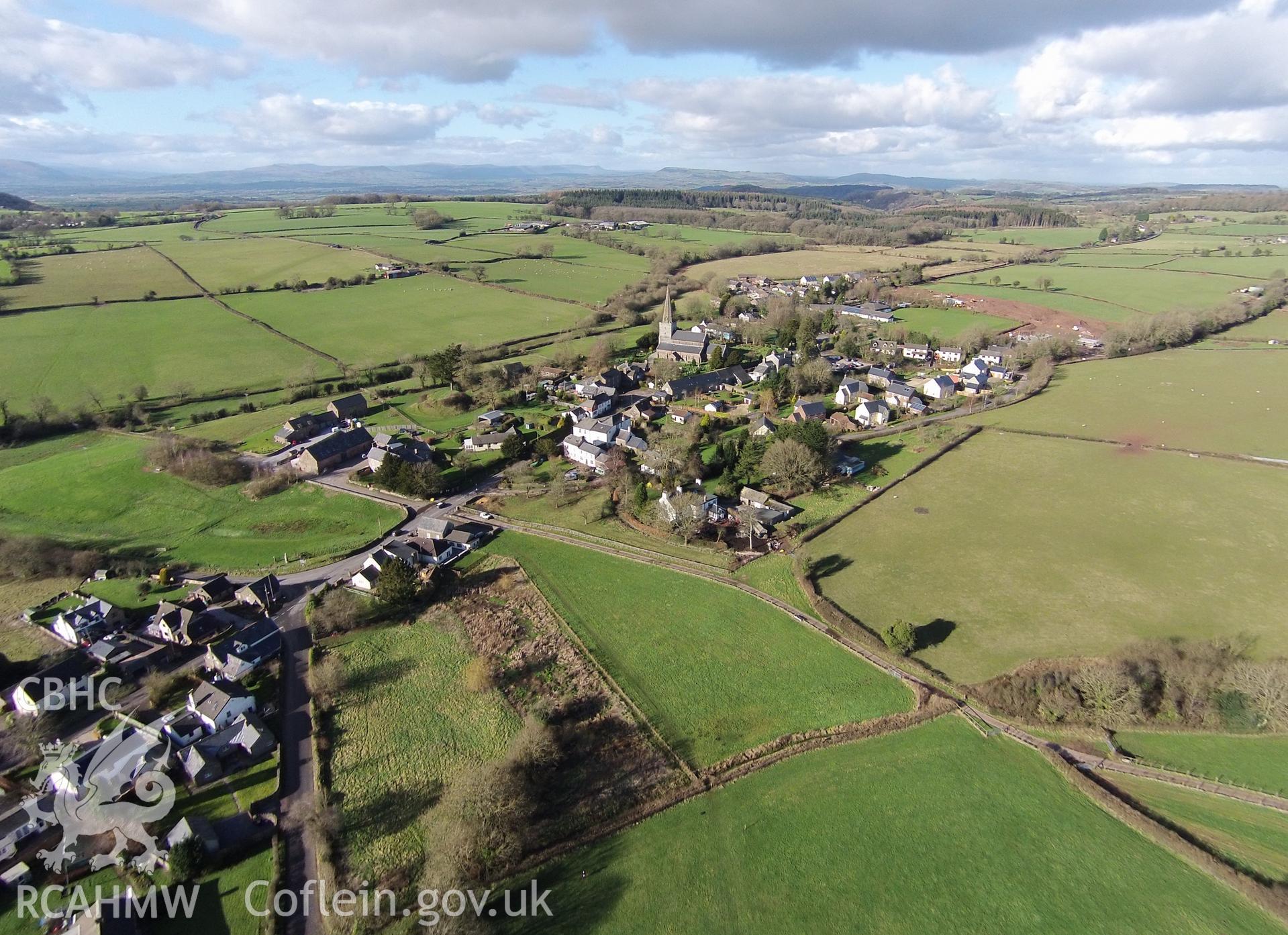 Colour aerial photo showing Trellech, taken by Paul R. Davis,  10th February 2016.