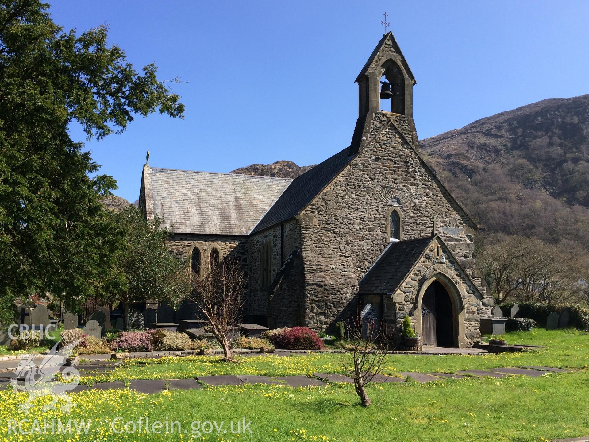 Colour photo showing Beddgelert Church, produced by Paul R. Davis,  8th April 2017.