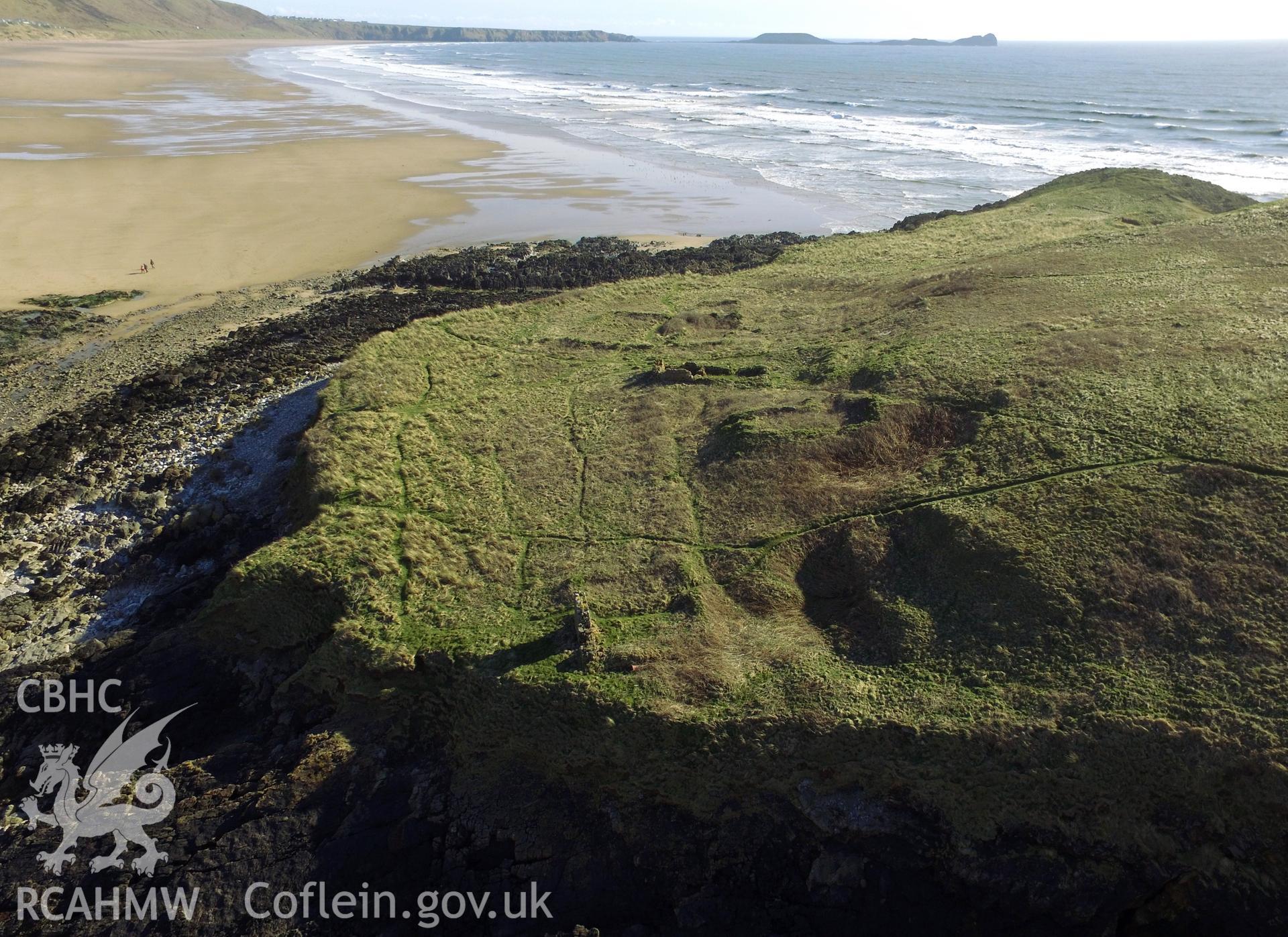 Colour aerial photo showing Burry Holms, taken by Paul R. Davis, 30th March 2016.