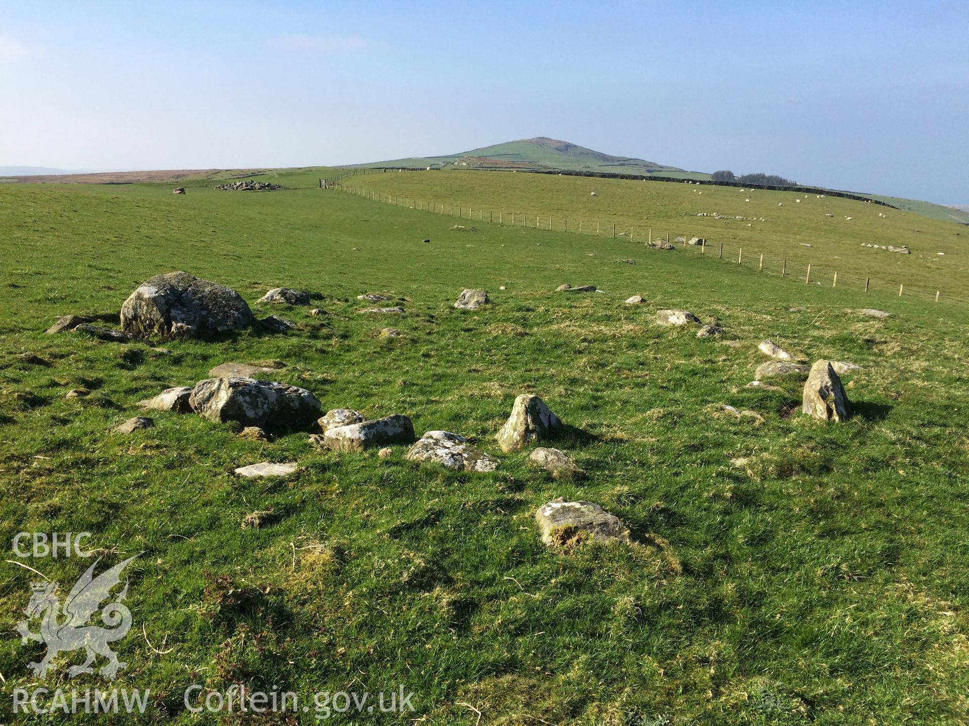 Colour photo showing cairn circles at Moel Goedog, produced by Paul R. Davis,  8th April 2017.