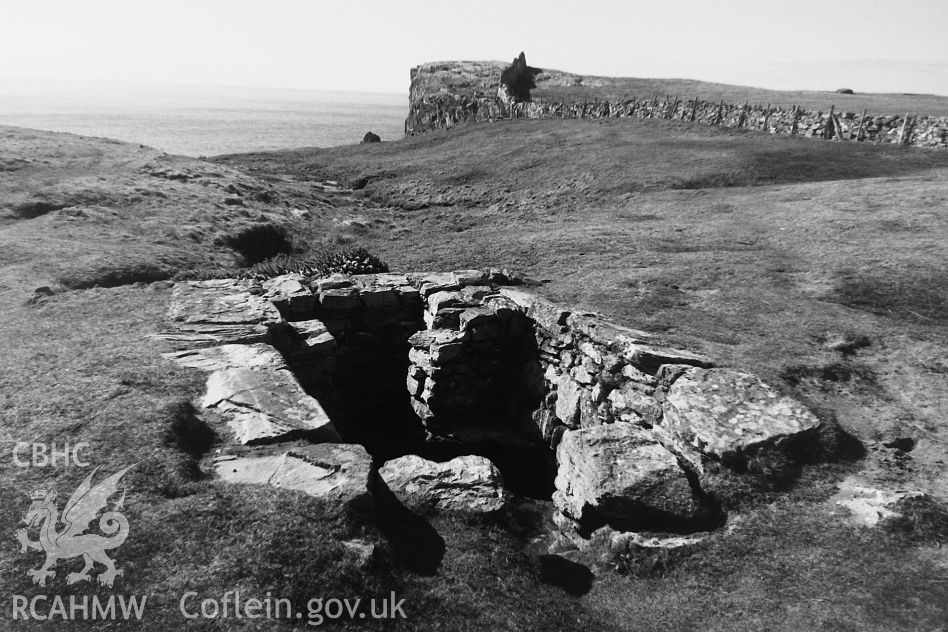 Black and white photo showing St Gwenfaen's Well, taken by Paul R. Davis, undated.