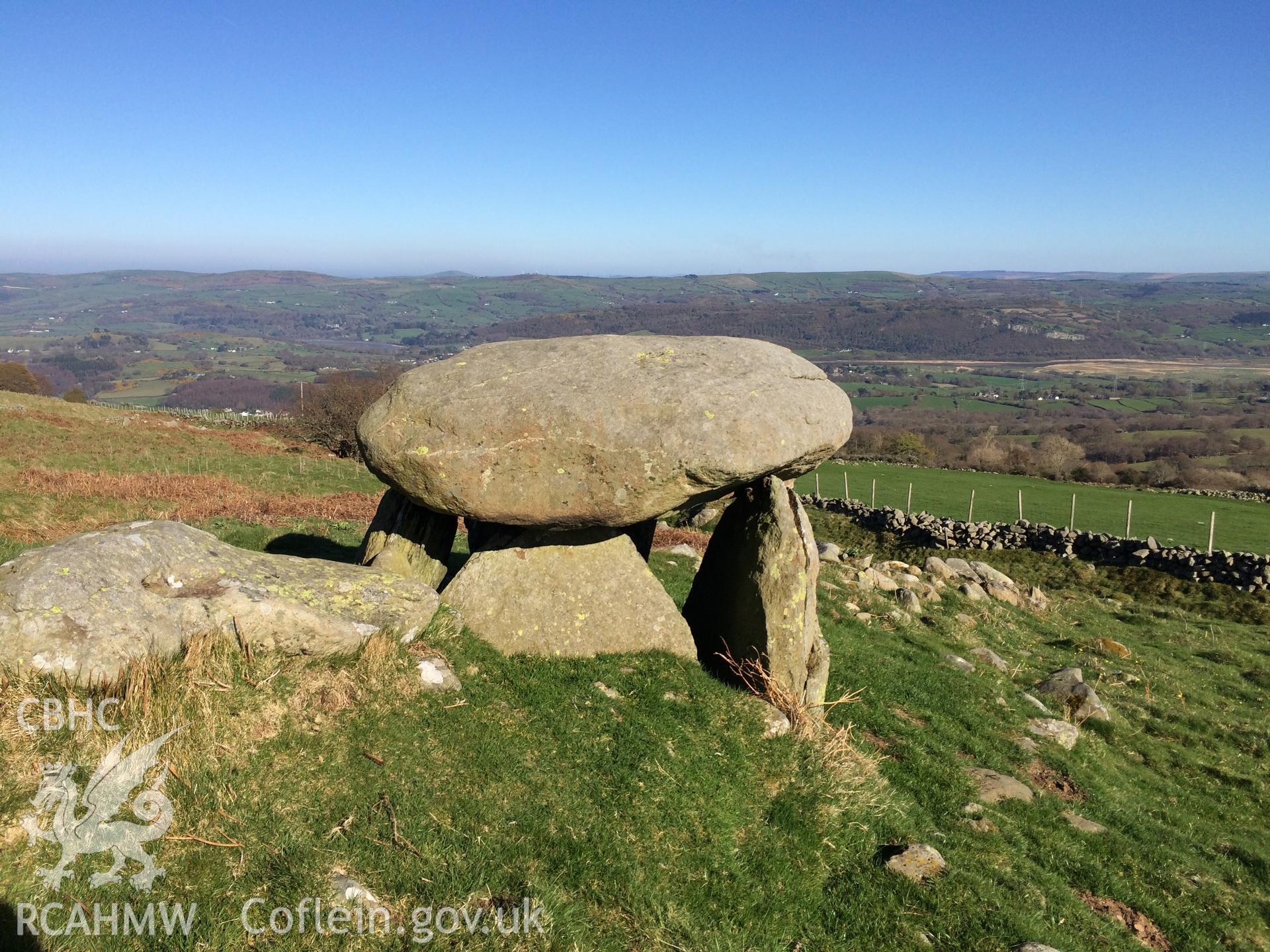 Colour photo showing Maen y Bardd Burial Chamber,  produced by Paul R. Davis,  8th April 2017.