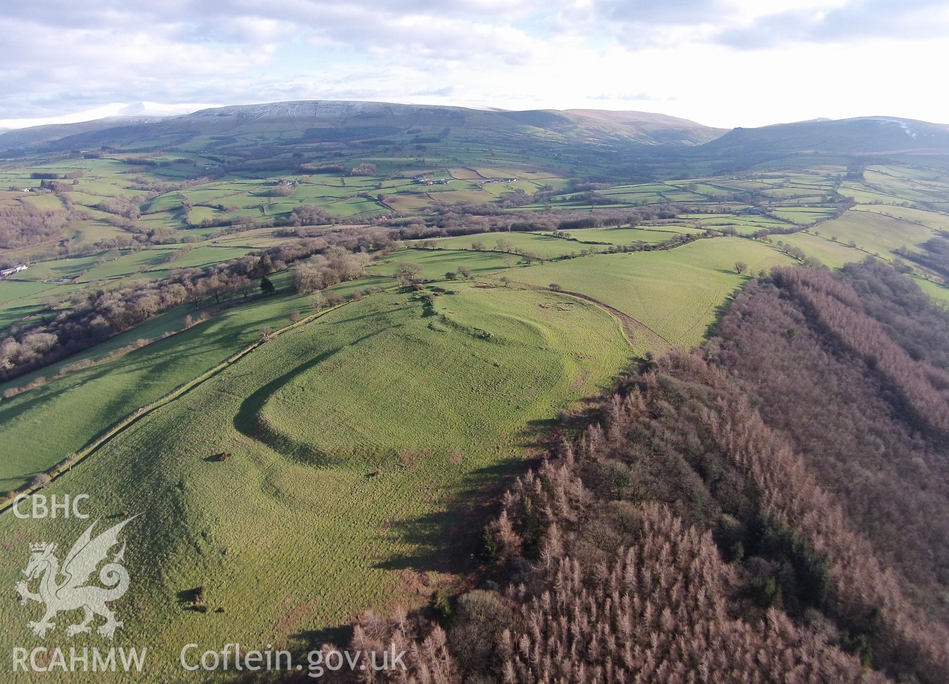 Colour aerial photo showing Twyn y Gaer, taken by Paul R. Davis,  14th February 2016.