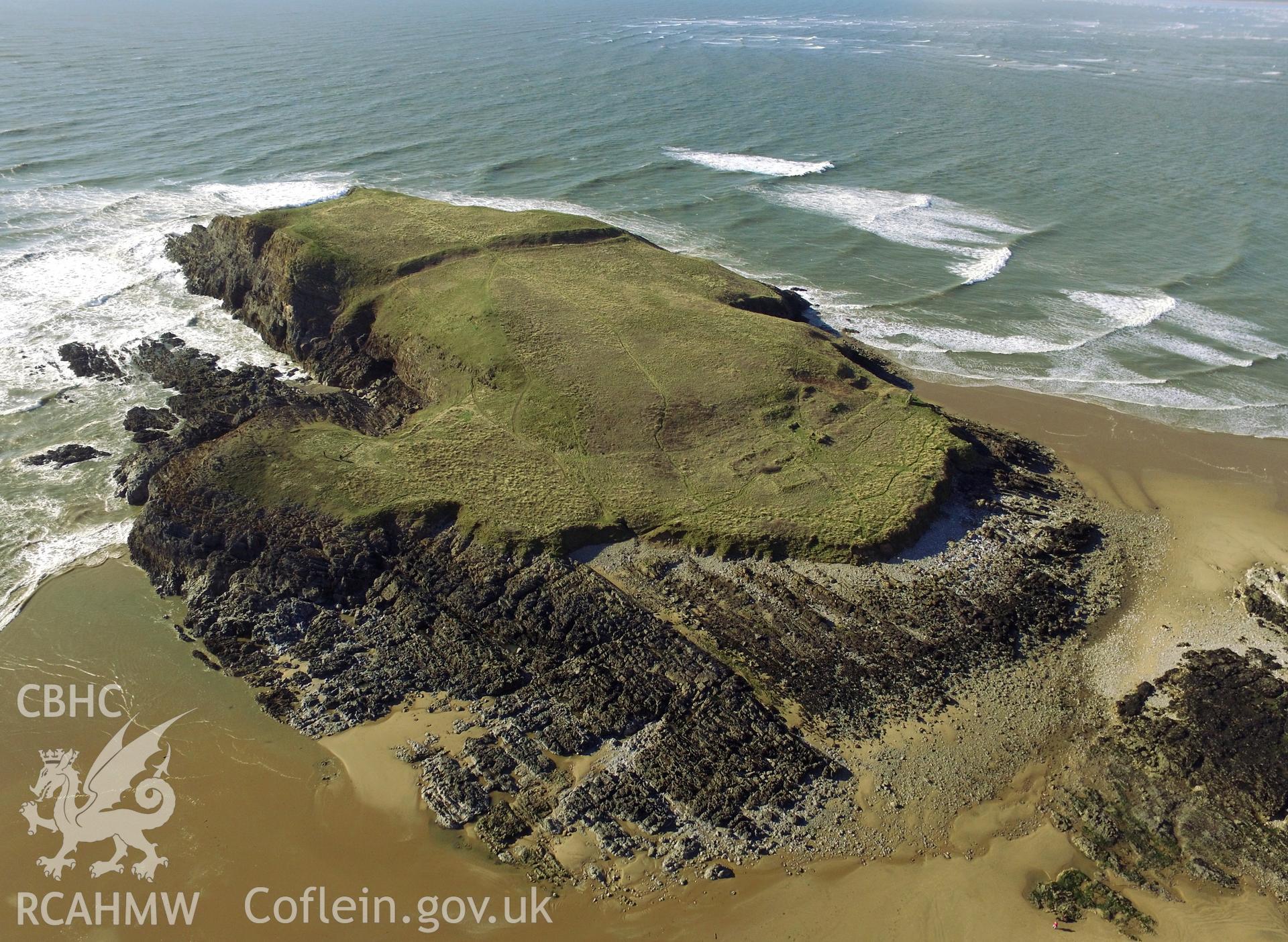 Colour aerial photo showing Burry Holms, taken by Paul R. Davis, 30th March 2016.