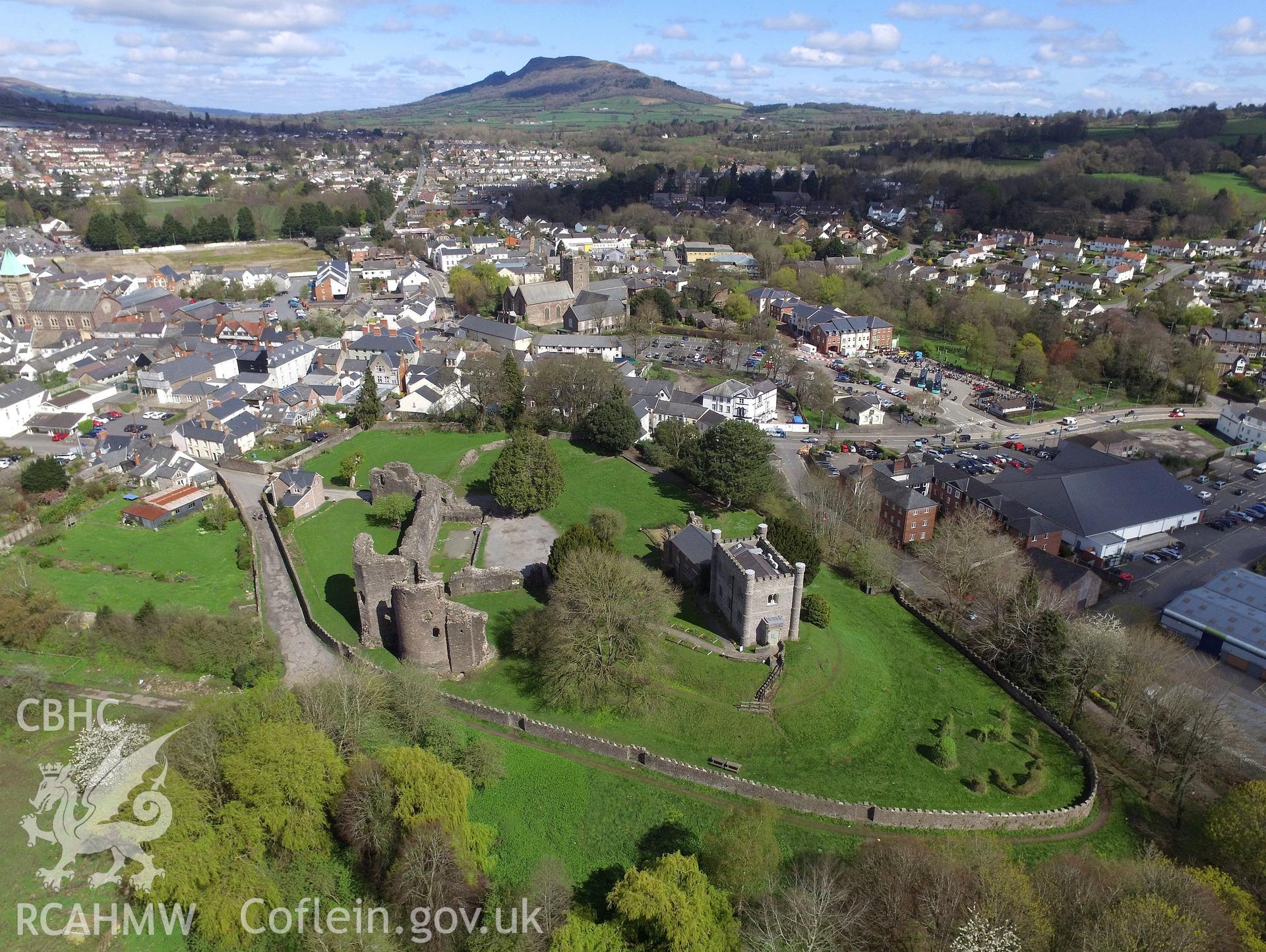 Colour photo showing Abergavenny Castle, produced by  Paul R. Davis,  2nd April 2017.