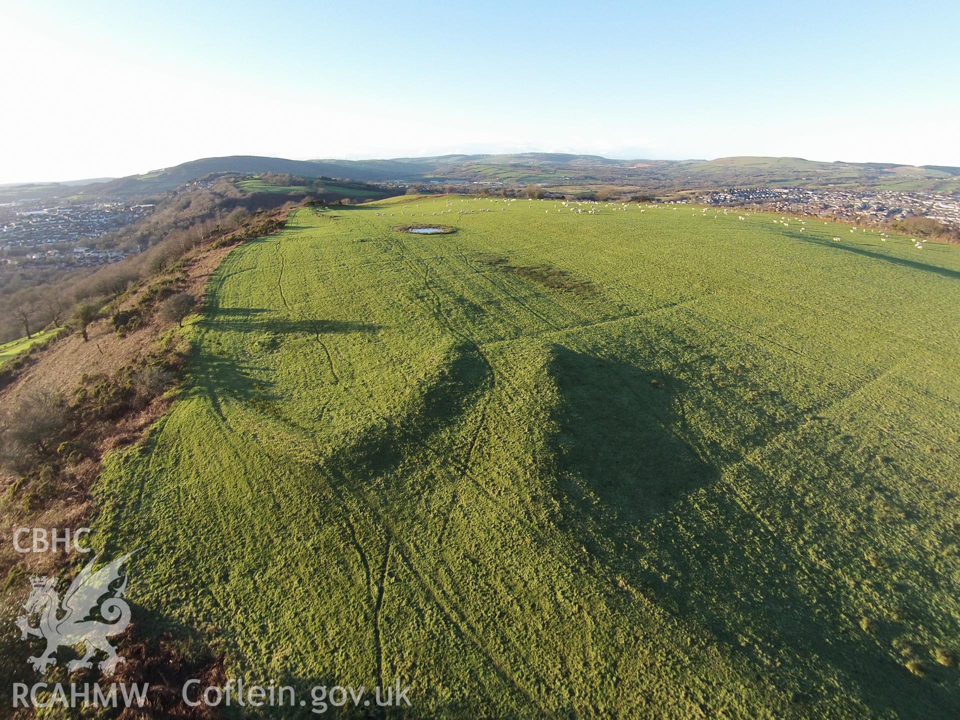 Colour aerial photo showing Caerau Hillfort, taken by Paul R. Davis, 14th January 2016.