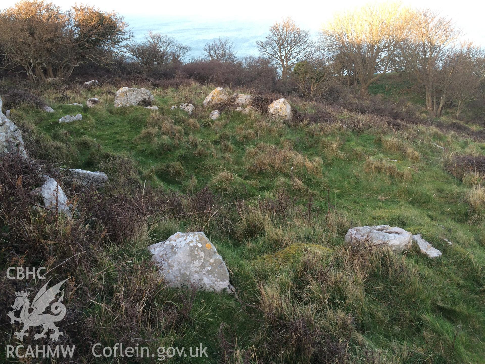 Colour photo showing hut circles on Pen y Dinas Hillfort, produced by Paul R. Davis,  14th March 2017.