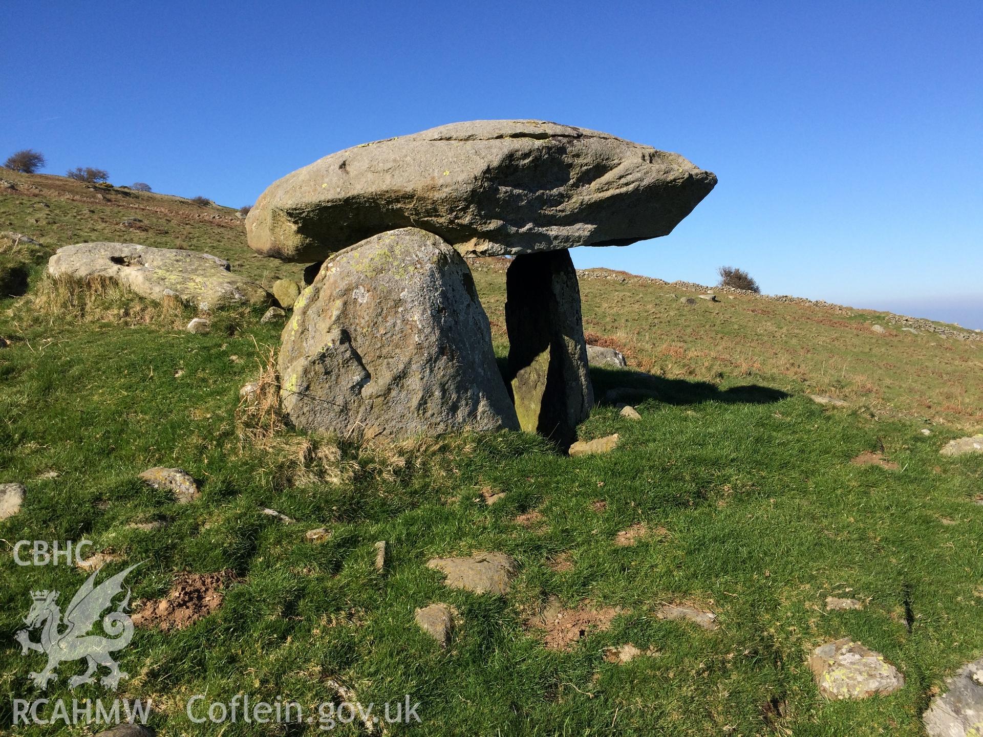 Colour photo showing Maen y Bardd Burial Chamber,  produced by Paul R. Davis,  8th April 2017.