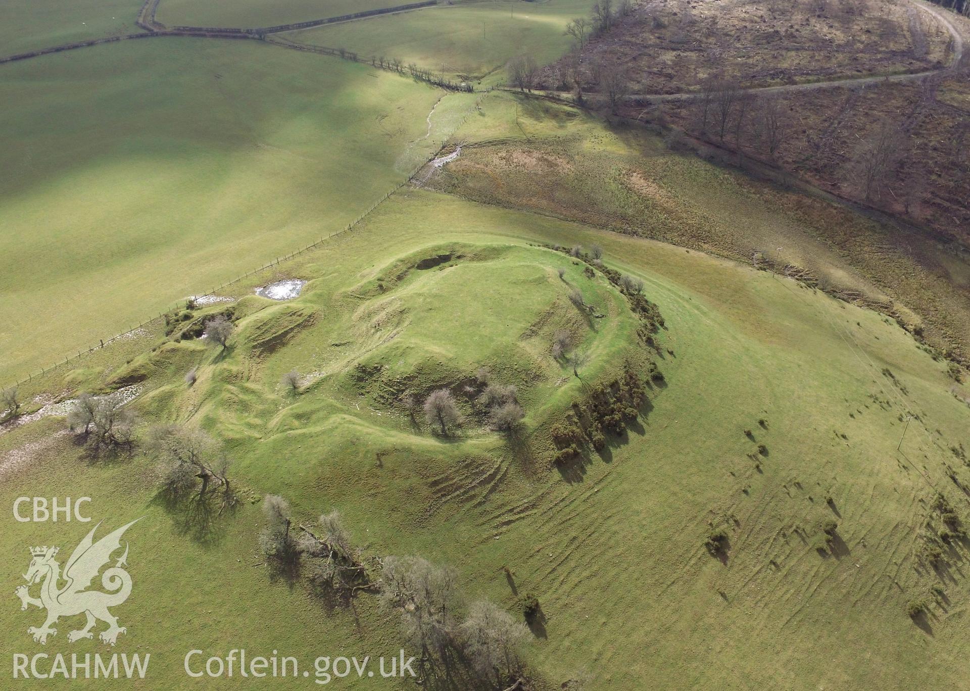 Colour aerial photo showing Castell Bryn Amlwg, taken by Paul R. Davis, 31st March 2016.