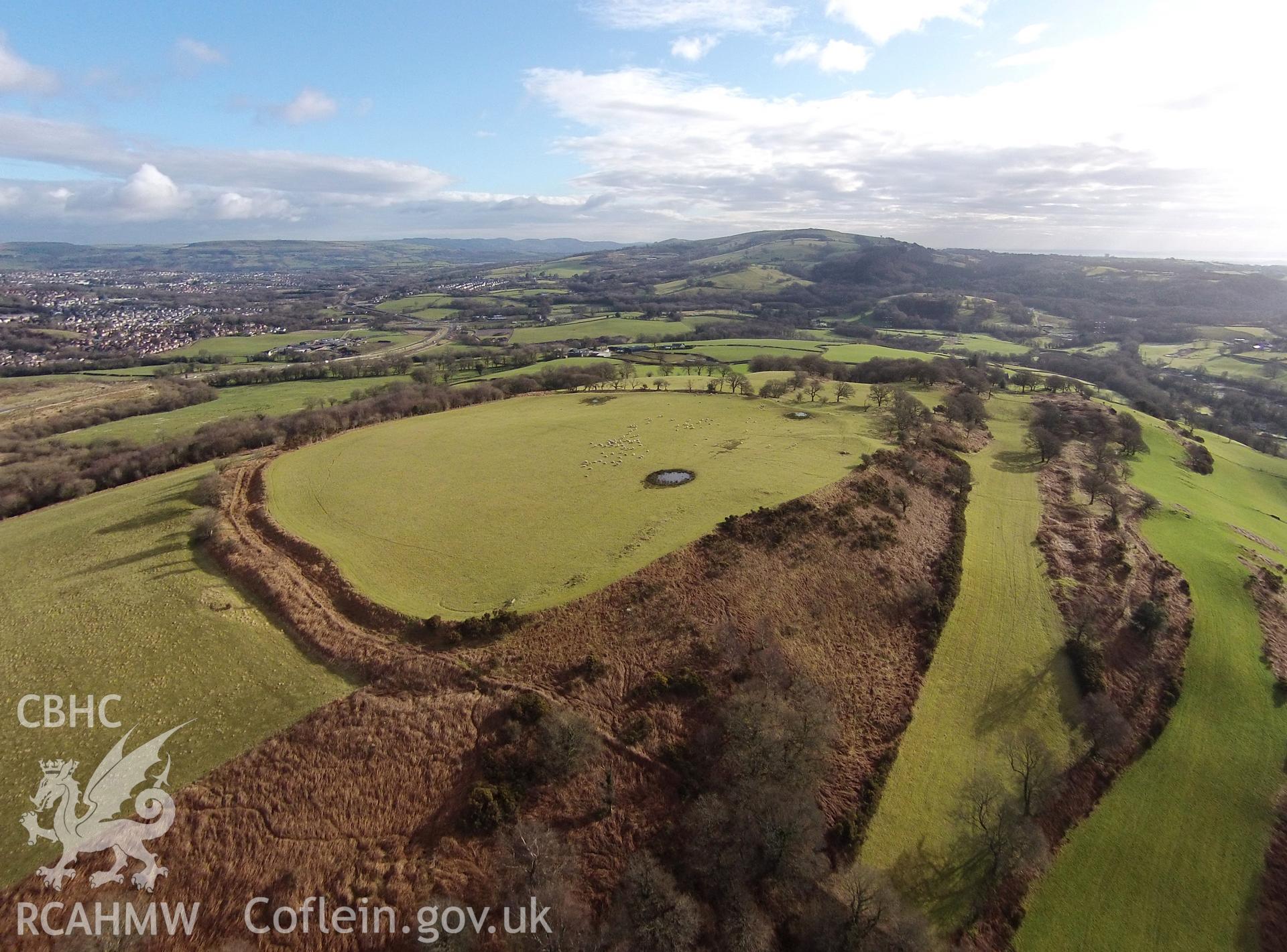 Colour aerial photo showing Caerau Hillfort, taken by Paul R. Davis, 14th January 2016.