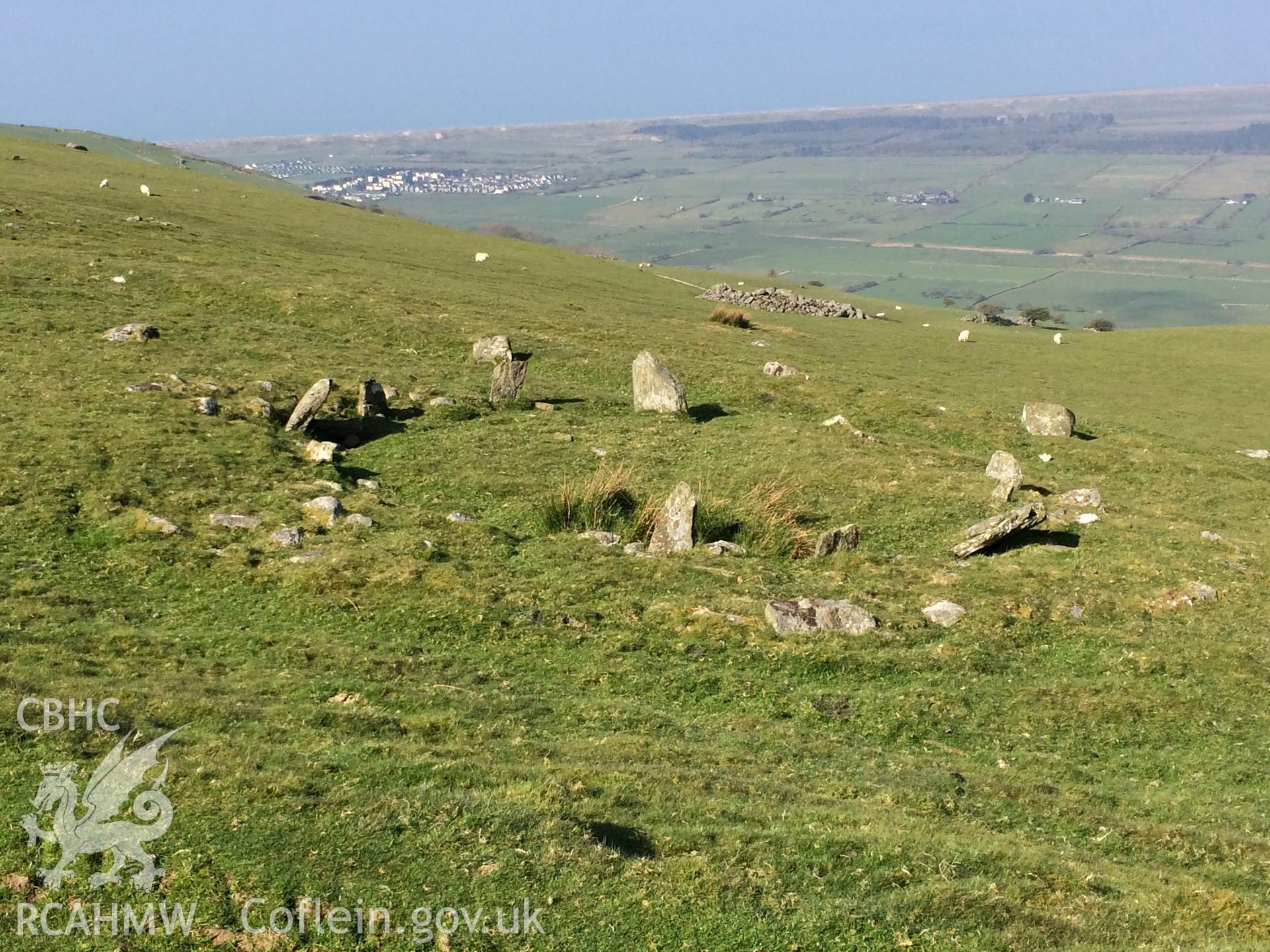 Colour photo showing cairn circles at Moel Goedog, produced by Paul R. Davis,  8th April 2017.