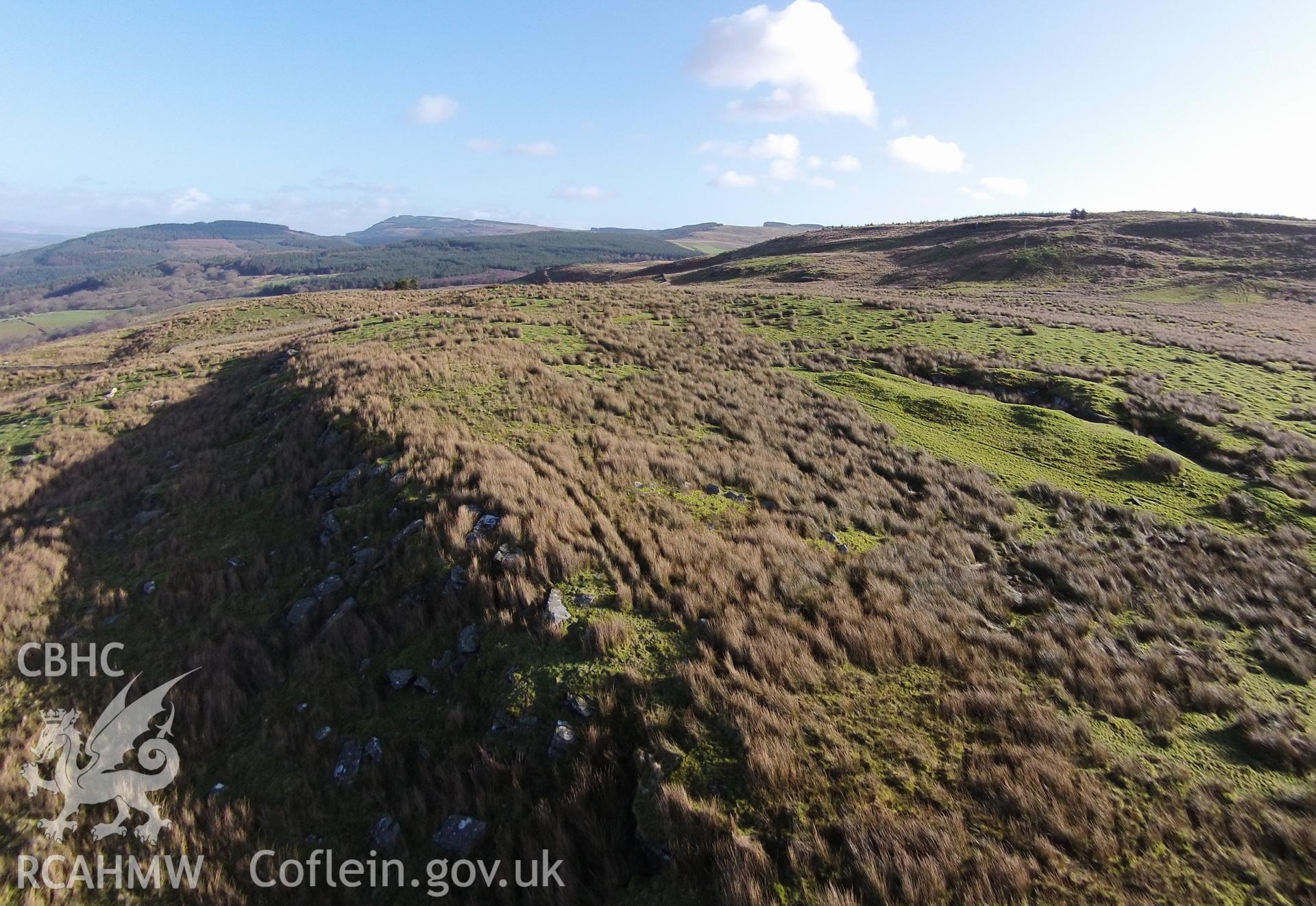 Colour aerial photo showing Carn Caca Cairn, taken by Paul R. Davis, 30th January 2016.