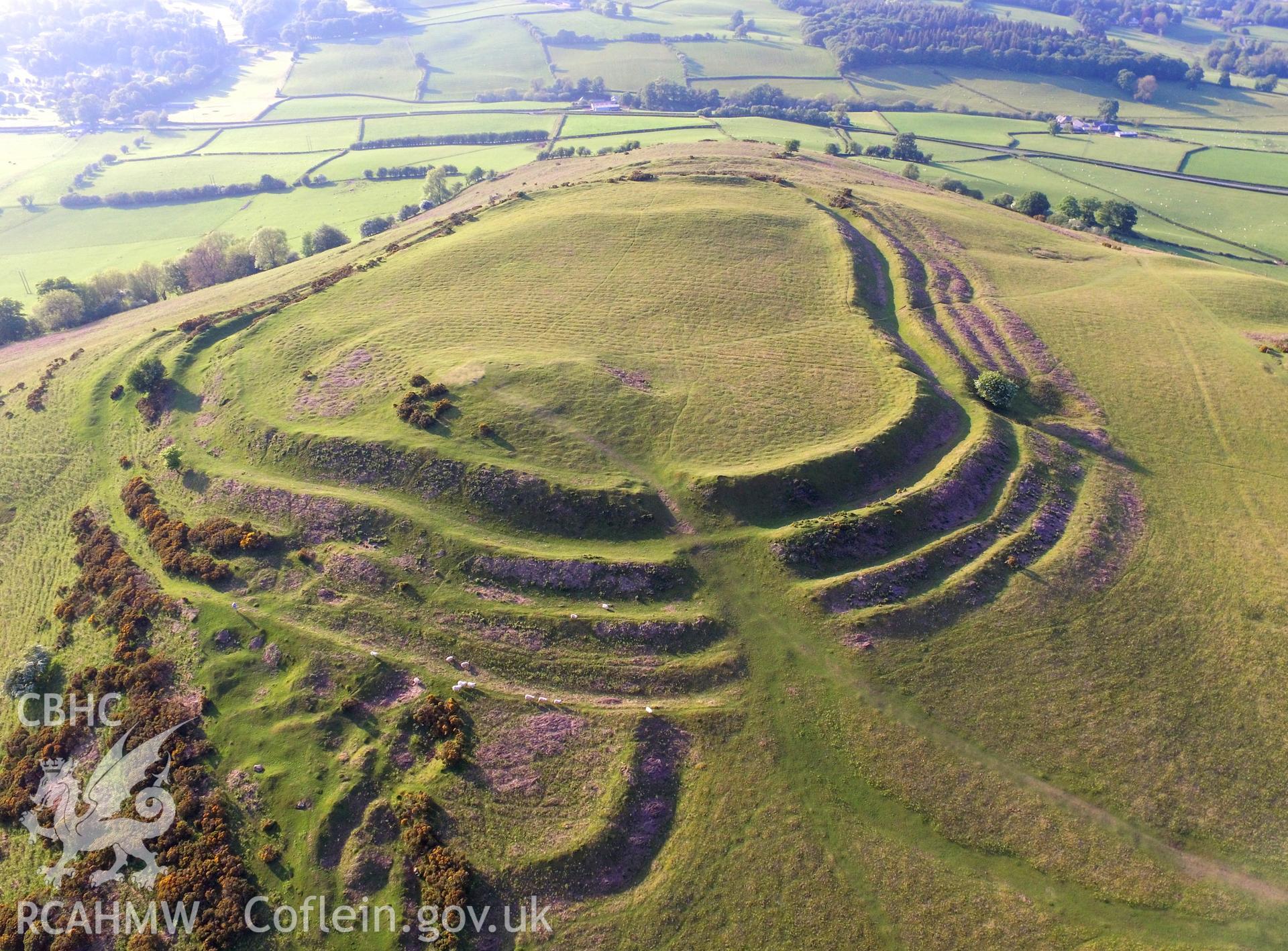 Colour aerial photo showing Pen y Crug, taken by Paul R. Davis,  29th May 2016.
