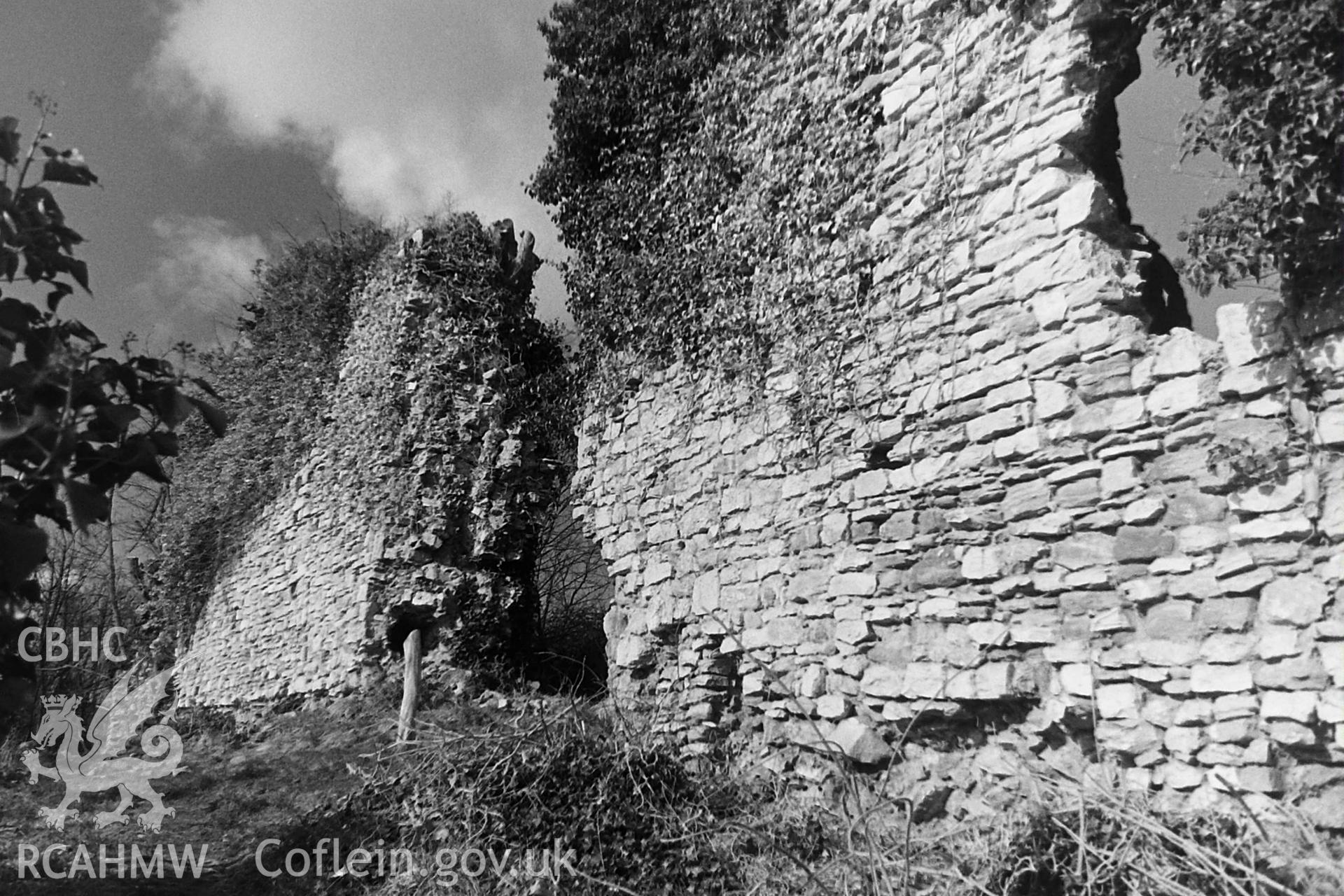 Black and white photo showing Dinas Powys Castle, taken by Paul R. Davis, 1986.