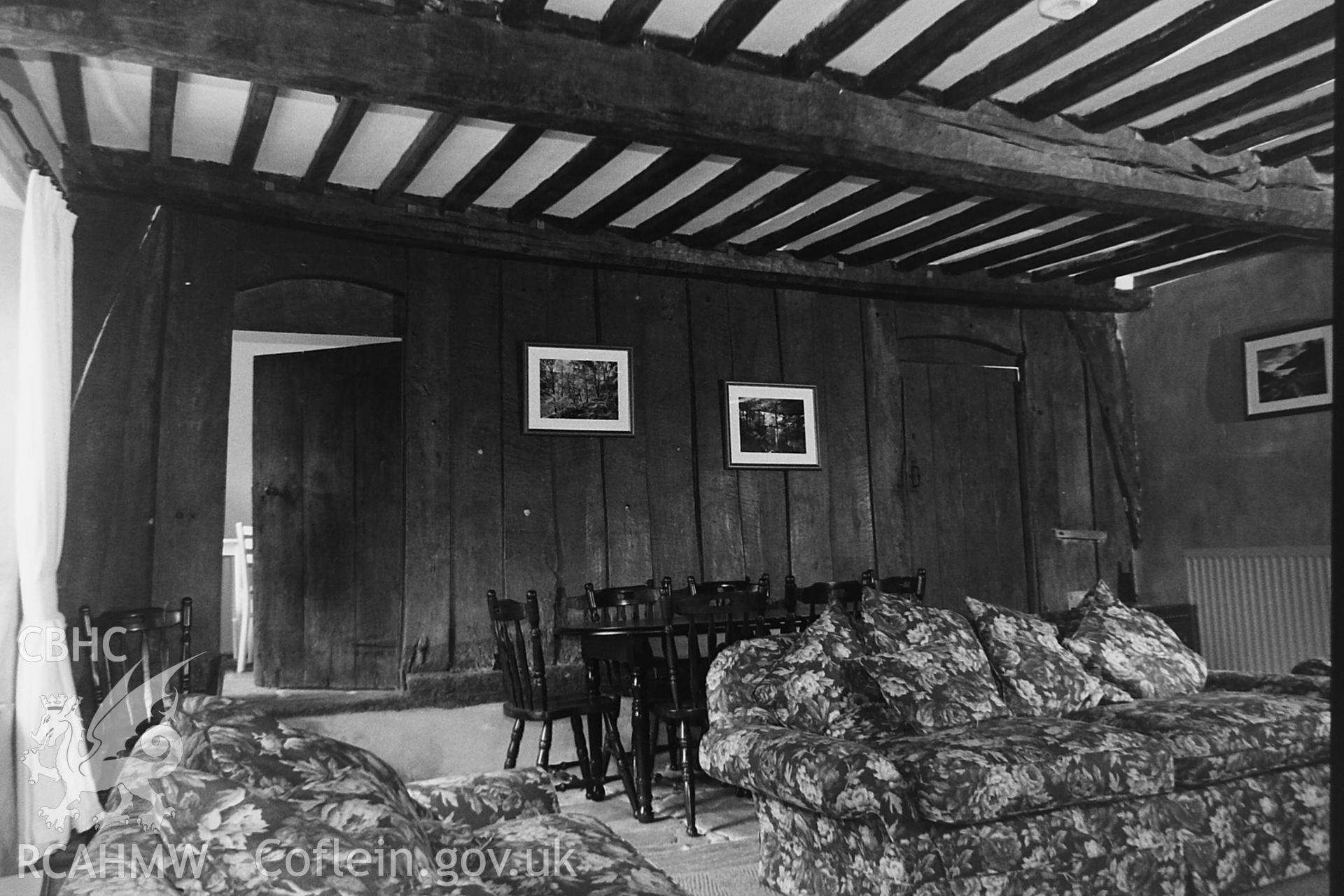 Black and white photo showing interior view of Llanerch y Cawr, taken by Paul R. Davis, 2000.