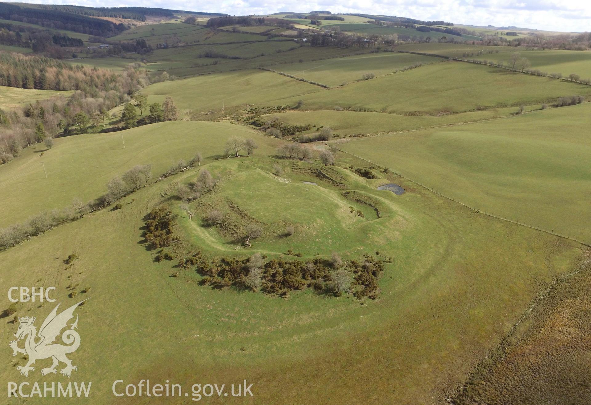 Colour aerial photo showing Castell Bryn Amlwg, taken by Paul R. Davis, 31st March 2016.