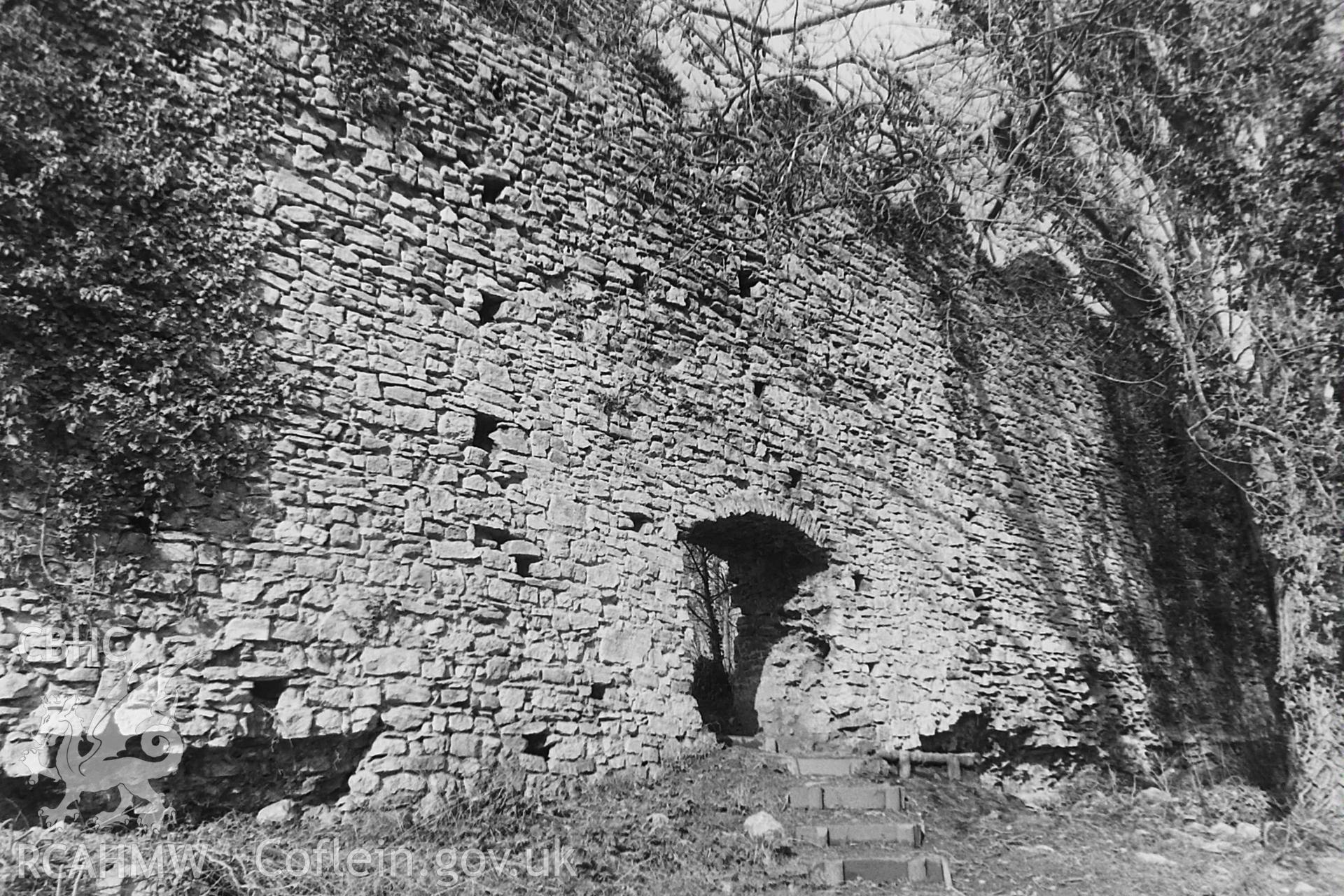 Black and white photo showing Dinas Powys Castle, taken by Paul R. Davis, 1986.