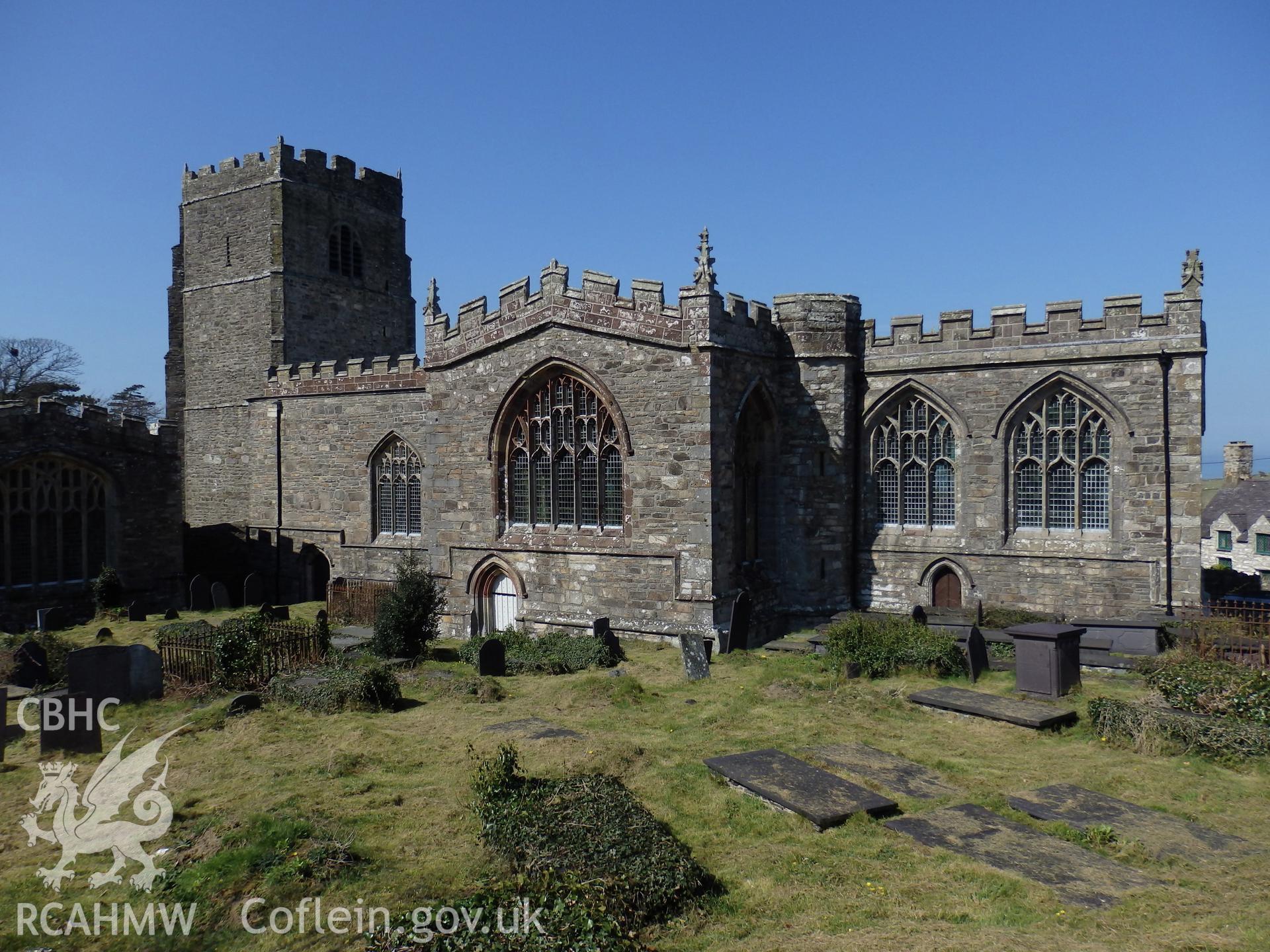 Colour photo of Clynnog Fawr Church, taken by Paul R. Davis, 7th April 2015.