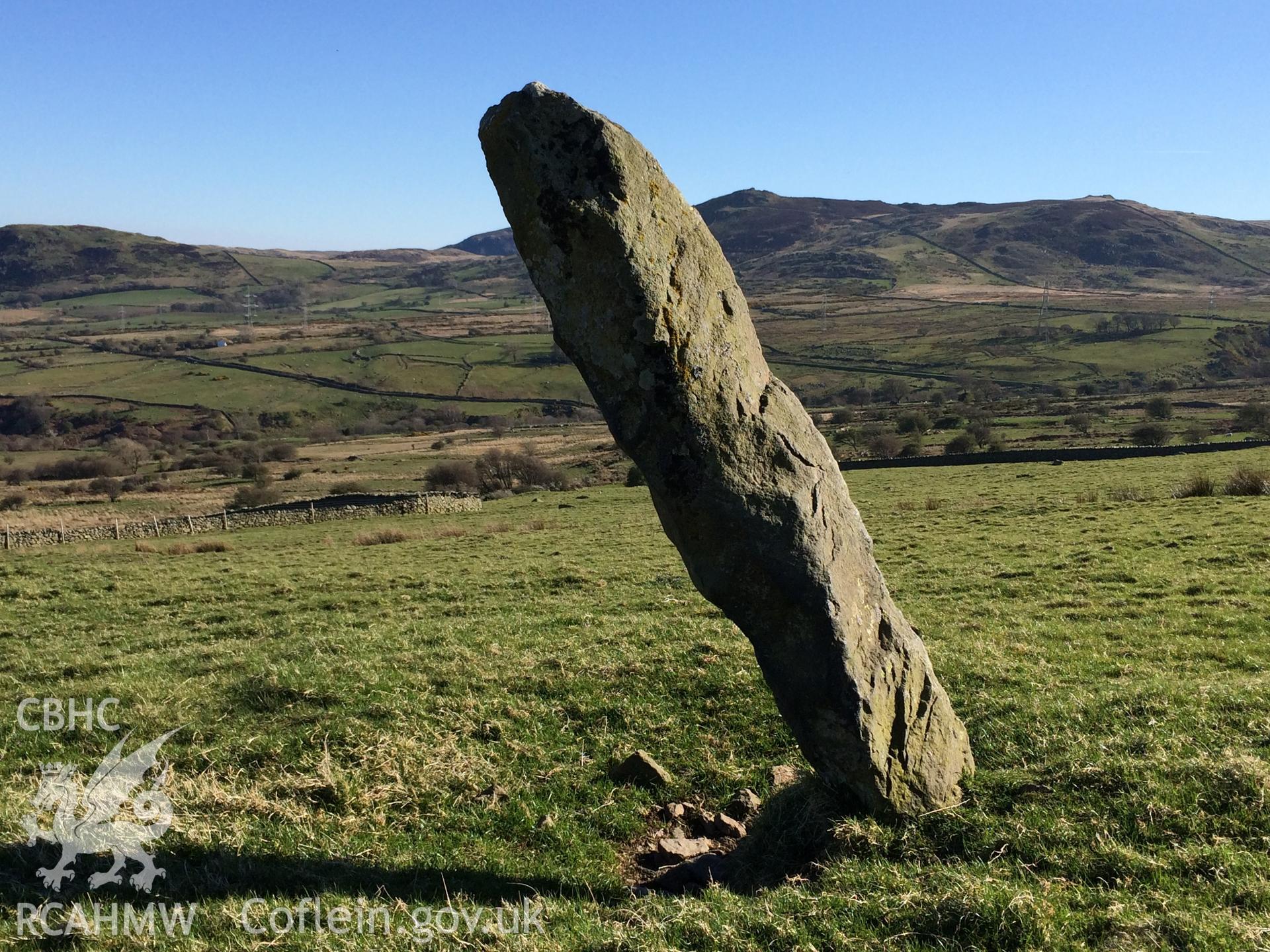 Colour photo showing Ffon y Cawr standing stone,  produced by Paul R. Davis,  8th April 2017.