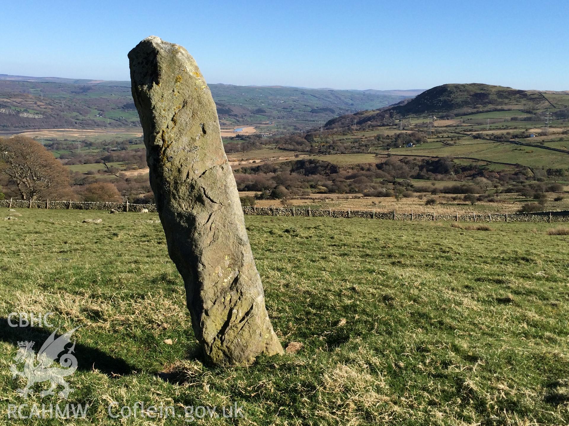 Colour photo showing Ffon y Cawr standing stone,  produced by Paul R. Davis,  8th April 2017.