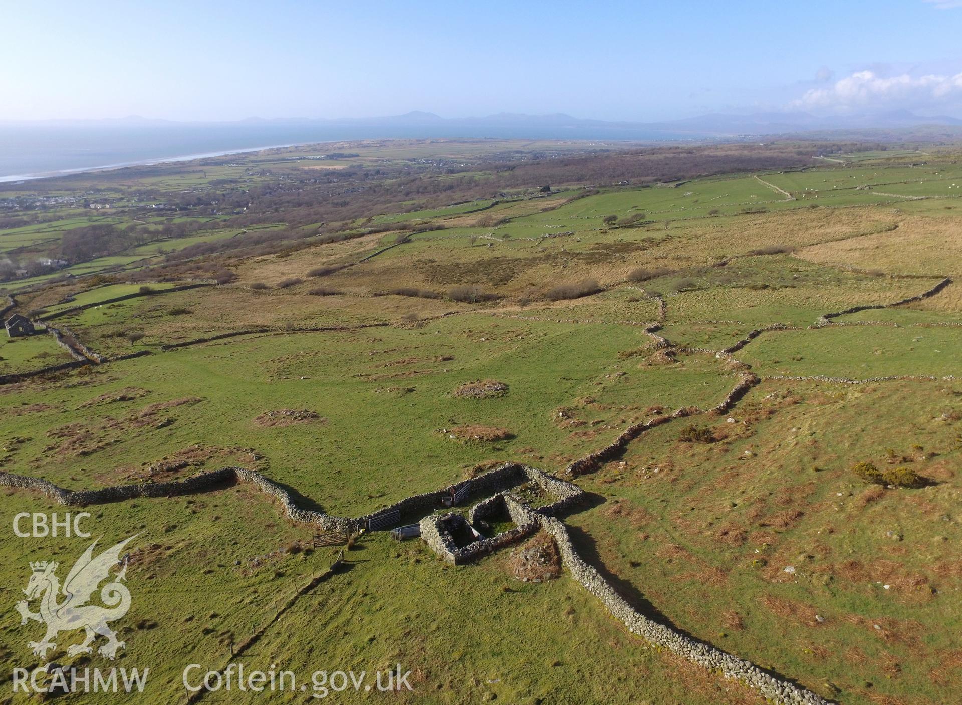 Colour photo showing Caer Llwyn sites, produced by Paul R. Davis,  12th March 2017.