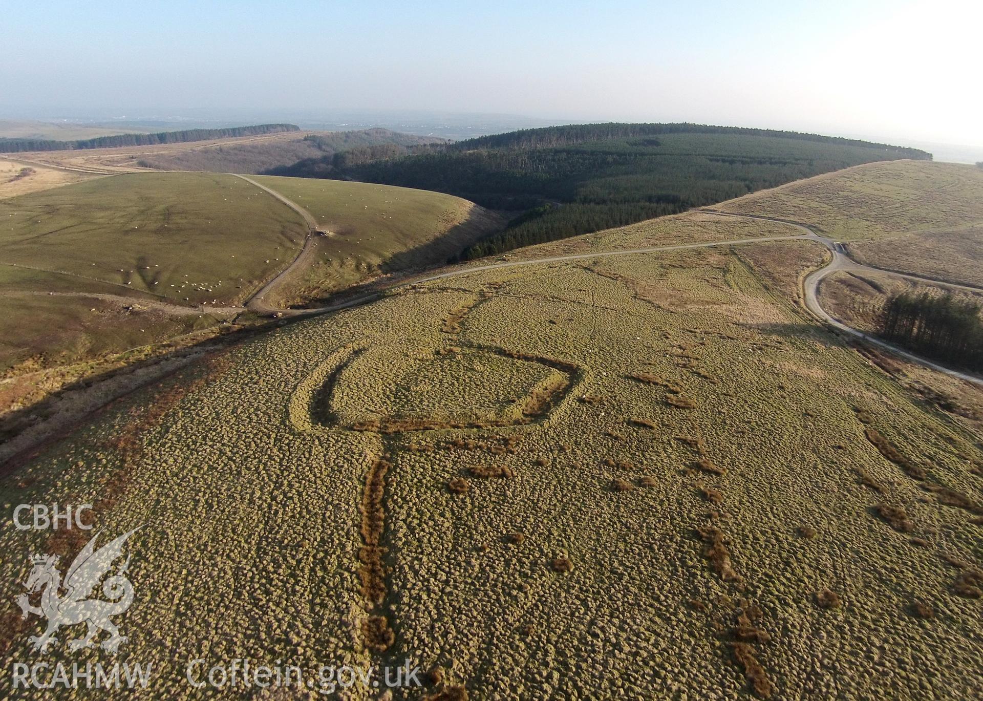 Colour aerial photo showing Caer Blaen y Cwm, taken by Paul R. Davis, 14th March 2016.