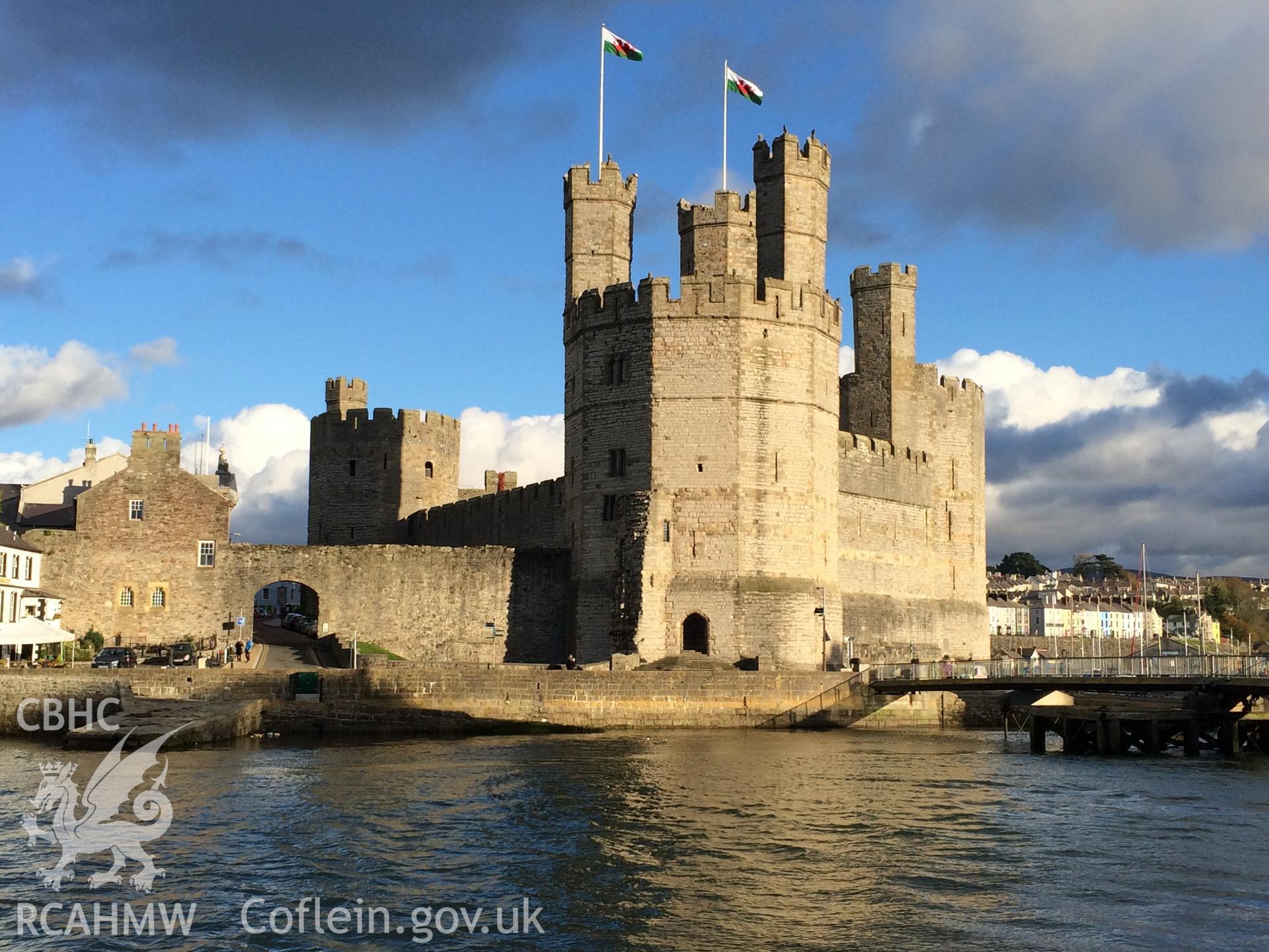 Colour photo showing Caernarfon Castle, produced by  Paul R. Davis,  7th November 2016.