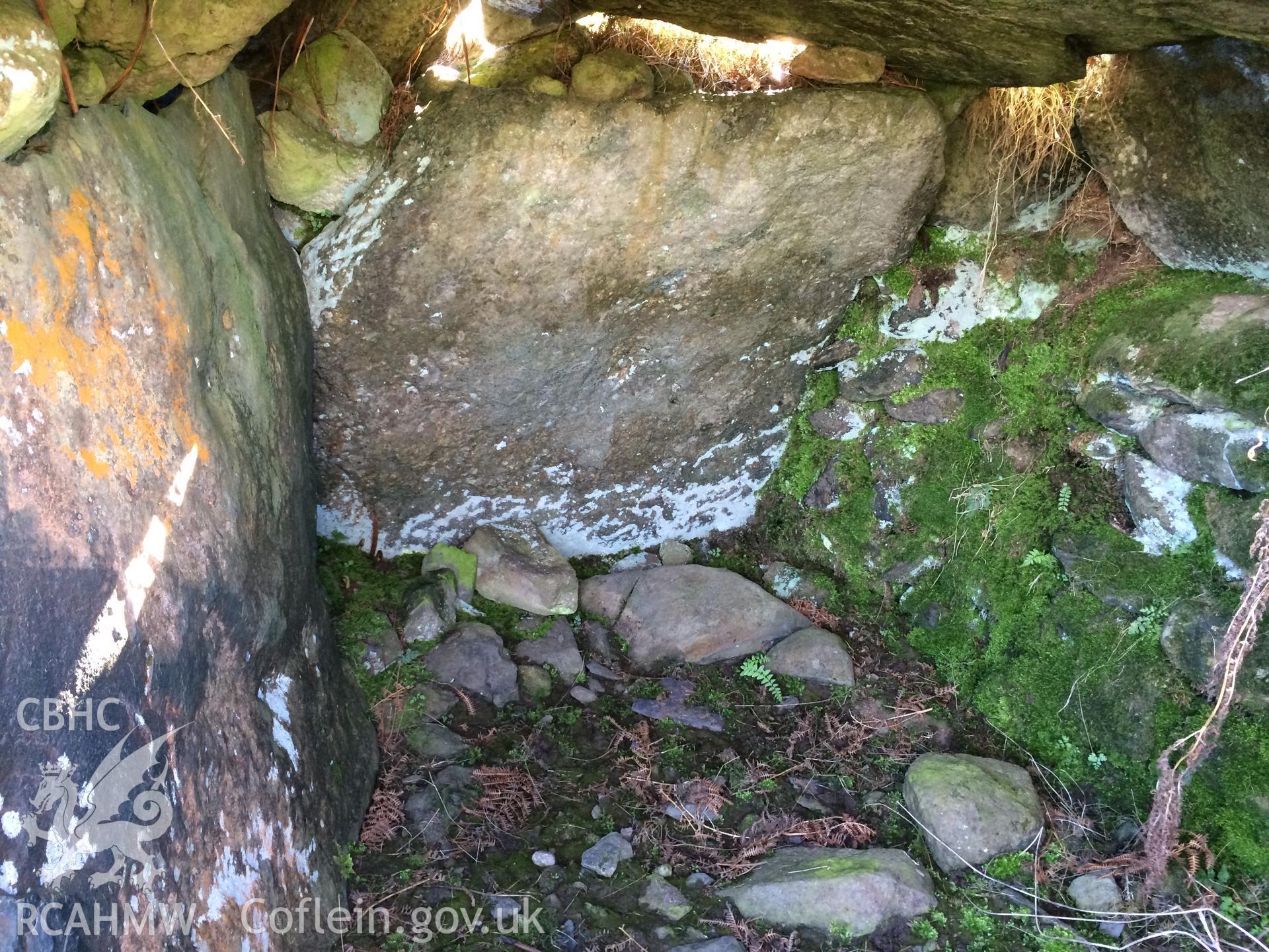 Colour photo showing burial chamber near Maen y Bardd,  produced by Paul R. Davis,  8th April 2017.